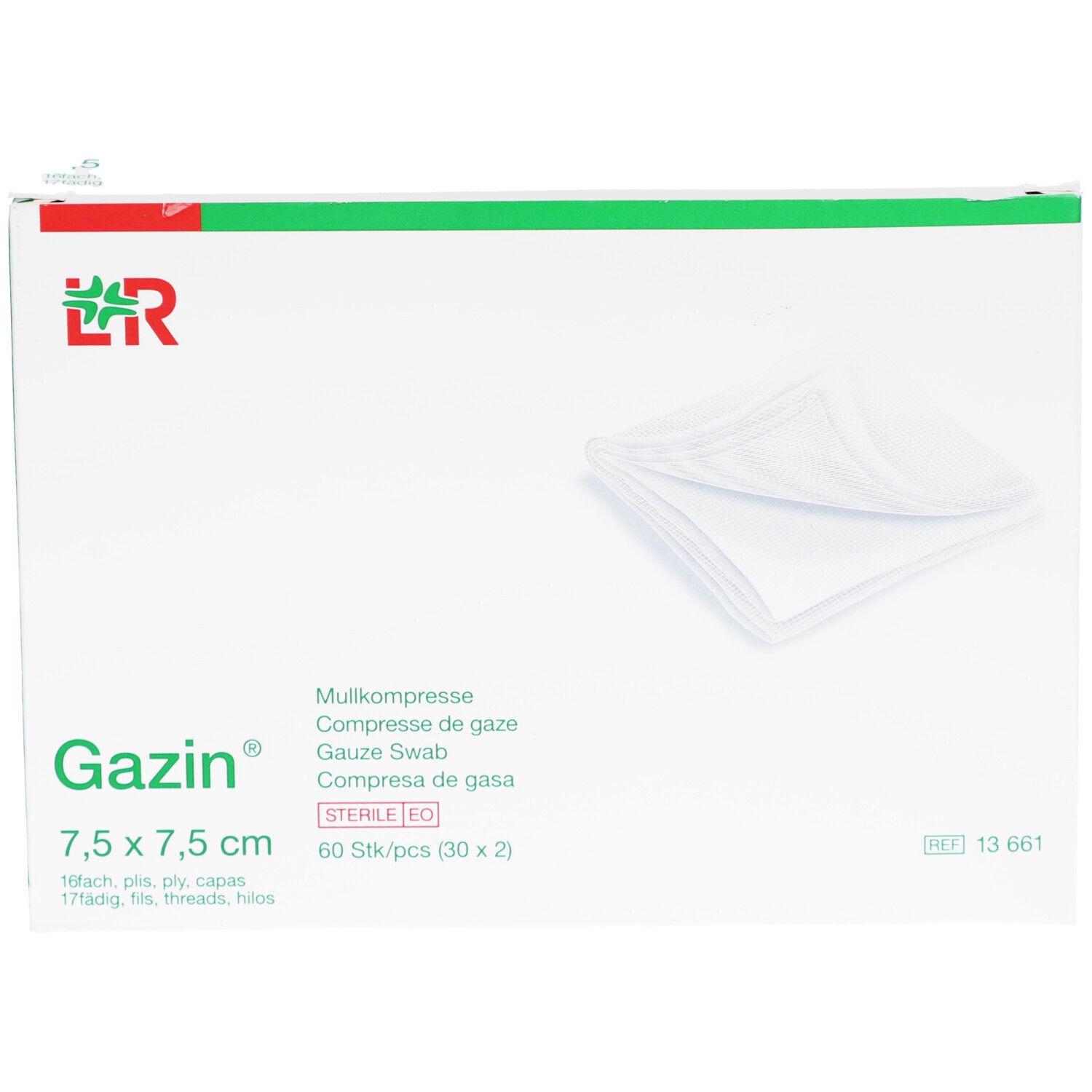 Verpakking van Gazin kompressen. Opschrift: Gazin, 7,5 x 7,5 cm, steriel. Witte kompressen zichtbaar.