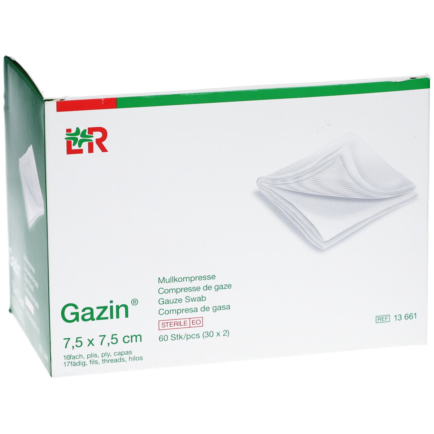 Verpakking van Gazin kompressen. Opschrift: Gazin, 7,5 x 7,5 cm, steriel. Witte kompressen zichtbaar.