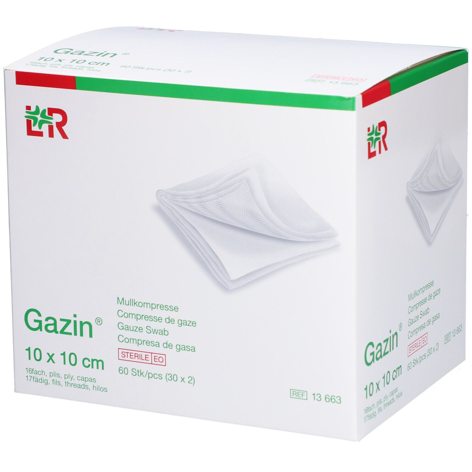 Compresses de gaze Gazin 10x10 cm. Boîte avec compresses blanches. 60 pièces. Stériles EO.