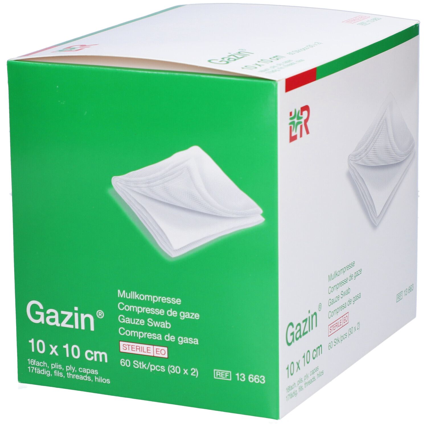 Compresses de gaze Gazin 10x10 cm. Boîte avec compresses blanches. 60 pièces. Stériles EO.