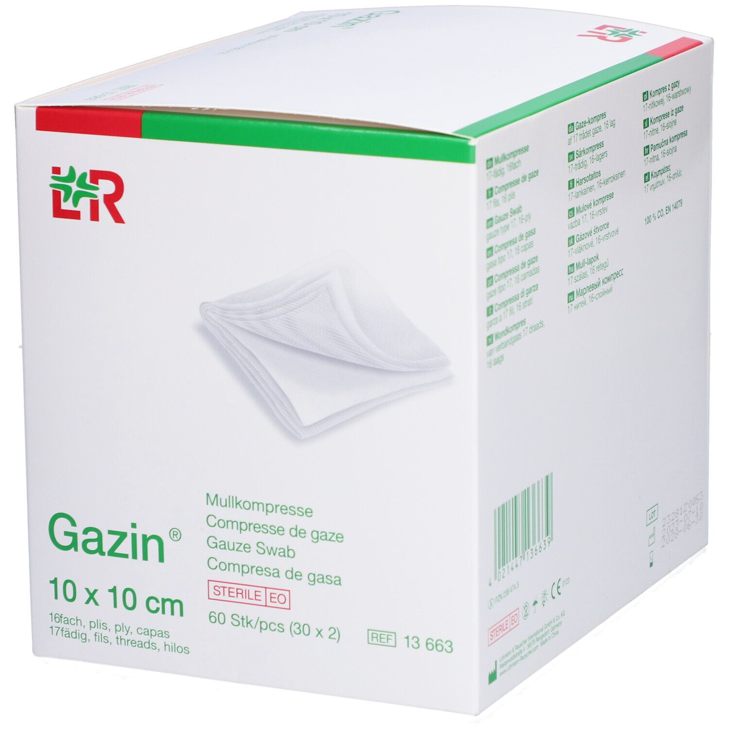 Compresses de gaze Gazin 10x10 cm. Boîte avec compresses blanches. 60 pièces. Stériles EO.