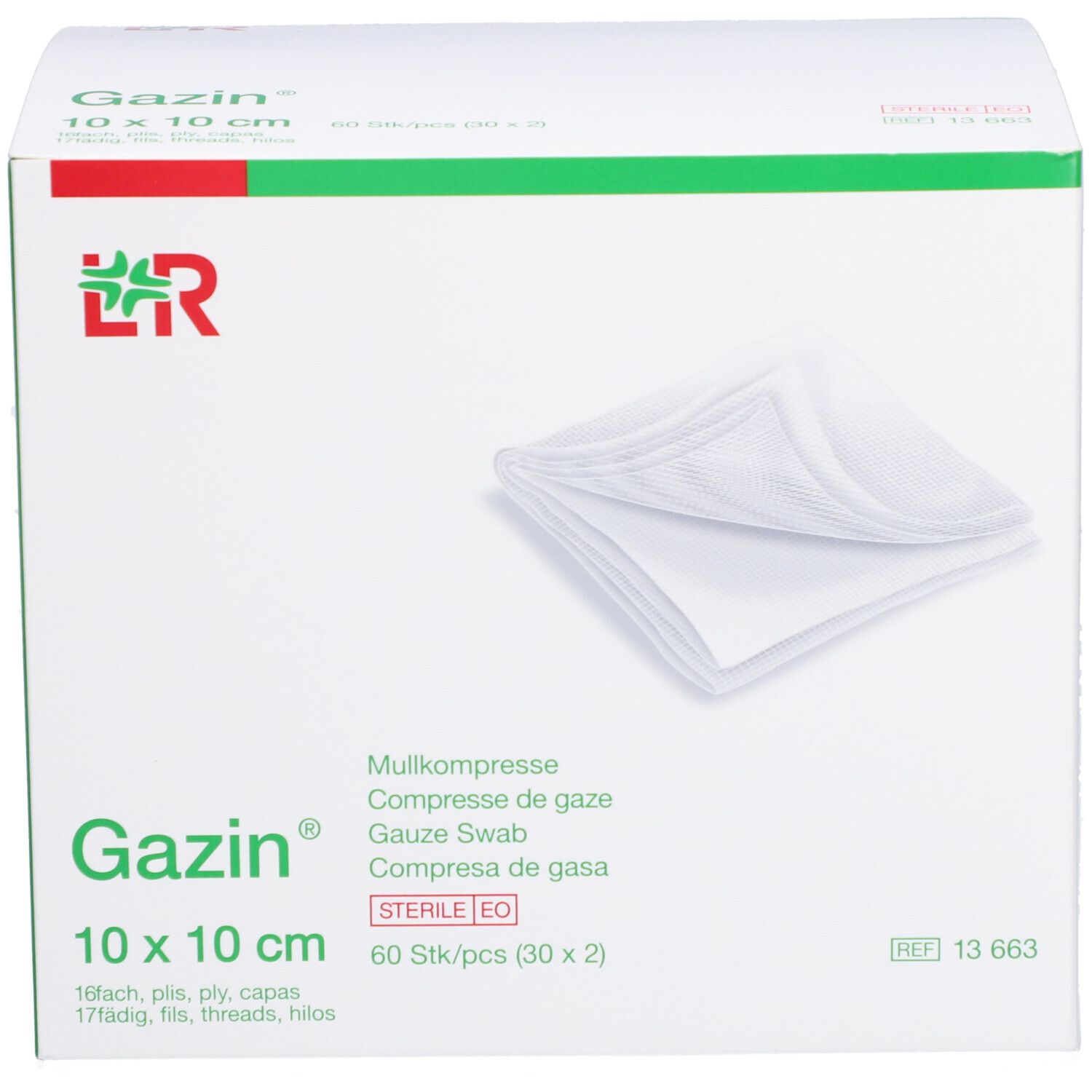 Compresses de gaze Gazin 10x10 cm. Boîte avec compresses blanches. 60 pièces. Stériles EO.