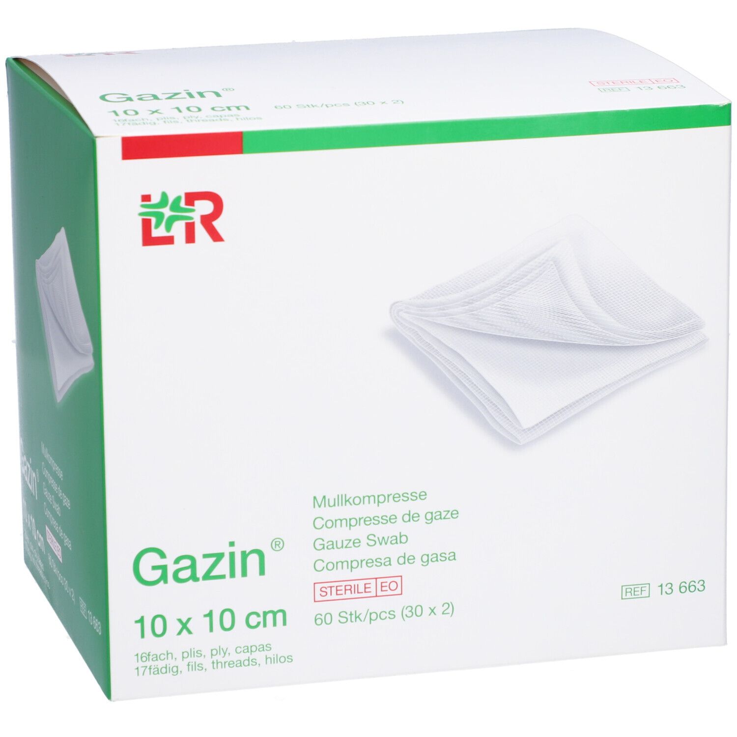 Compresses de gaze Gazin 10x10 cm. Boîte avec compresses blanches. 60 pièces. Stériles EO.