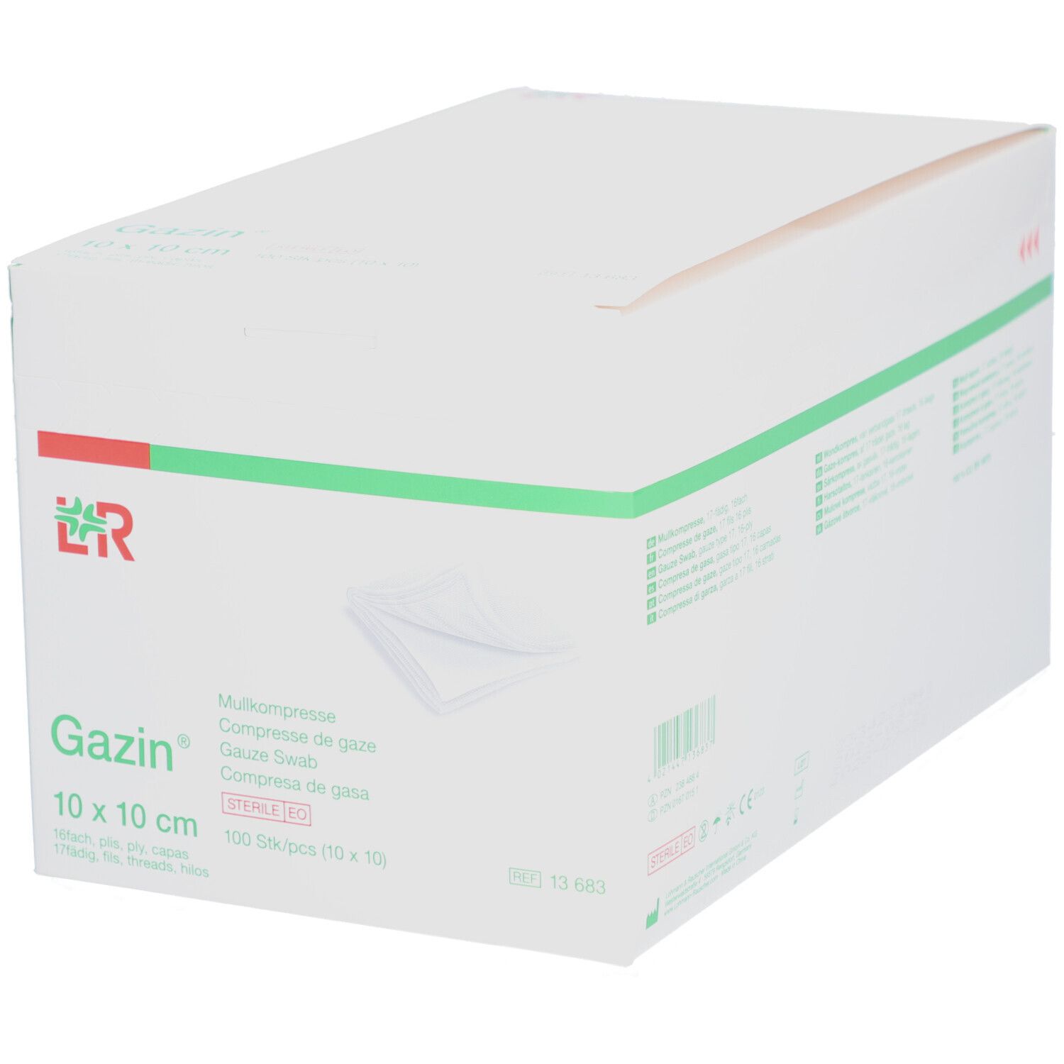 Boîte de compresses de gaze Gazin 10 x 10 cm. Emballage blanc avec détails verts et rouges. Nom et taille du produit visibles.