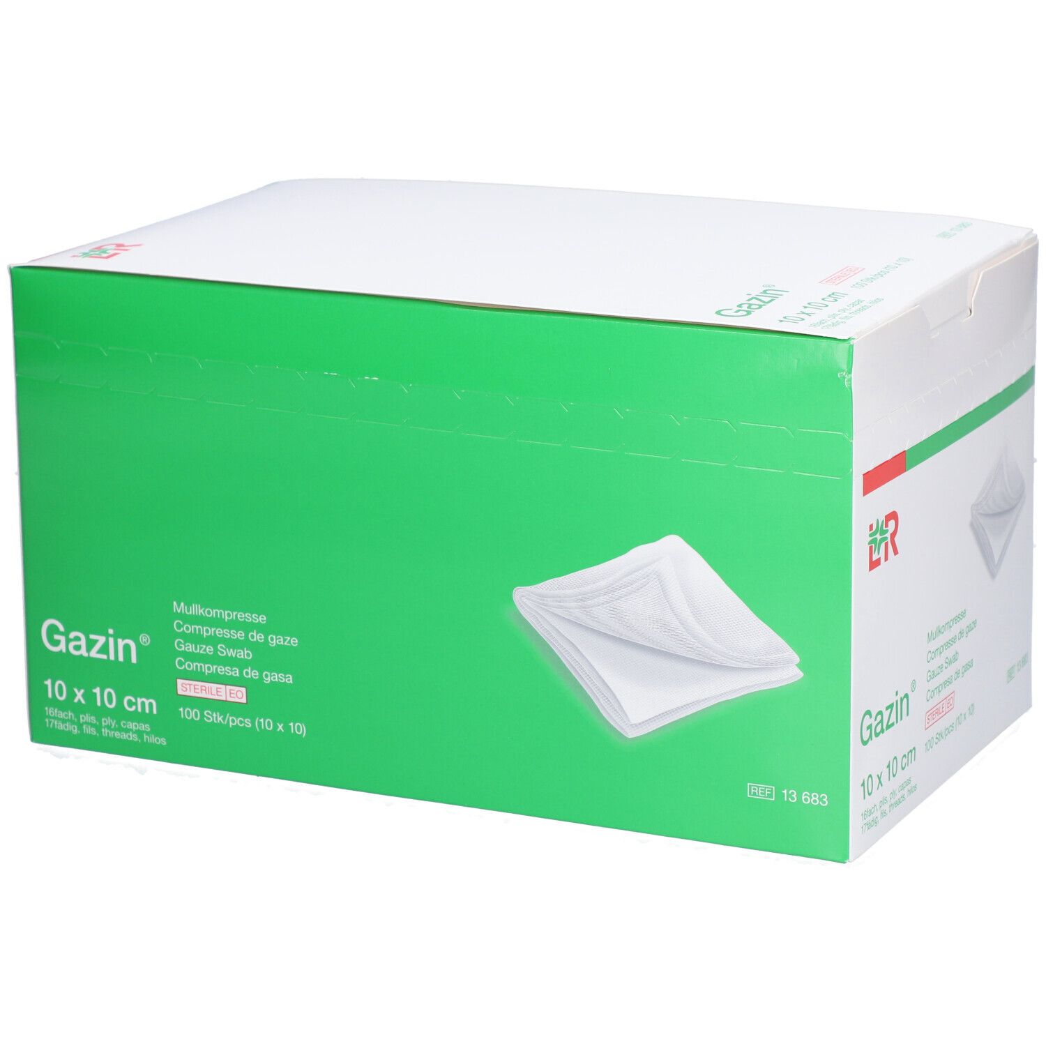 Emballage de compresses de gaze Gazin 10 x 10 cm. Boîte verte avec couvercle blanc. Nom, taille et logo du produit visibles.