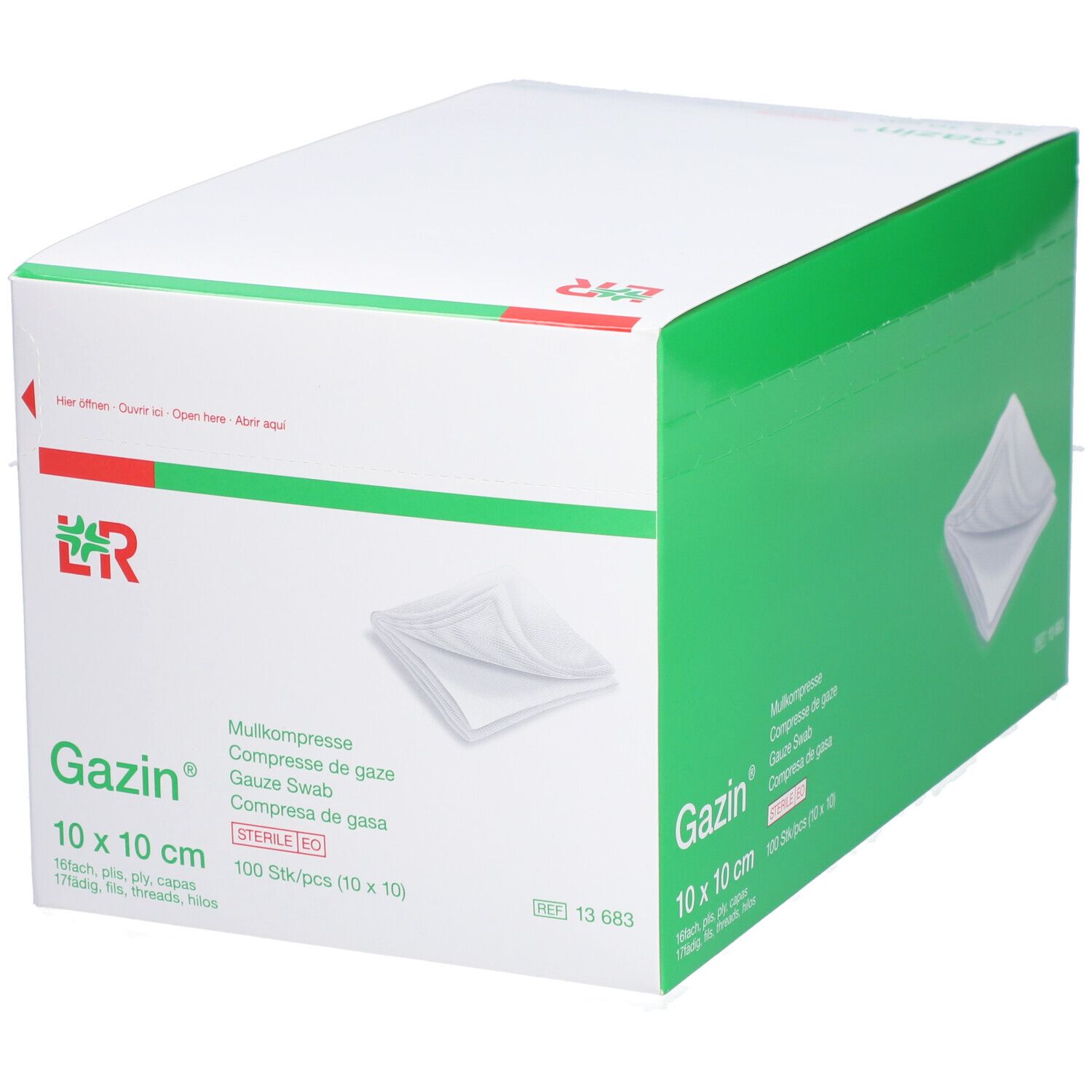 Emballage de compresses de gaze Gazin 10 x 10 cm. Boîte verte avec couvercle blanc. Nom, taille et logo du produit visibles.