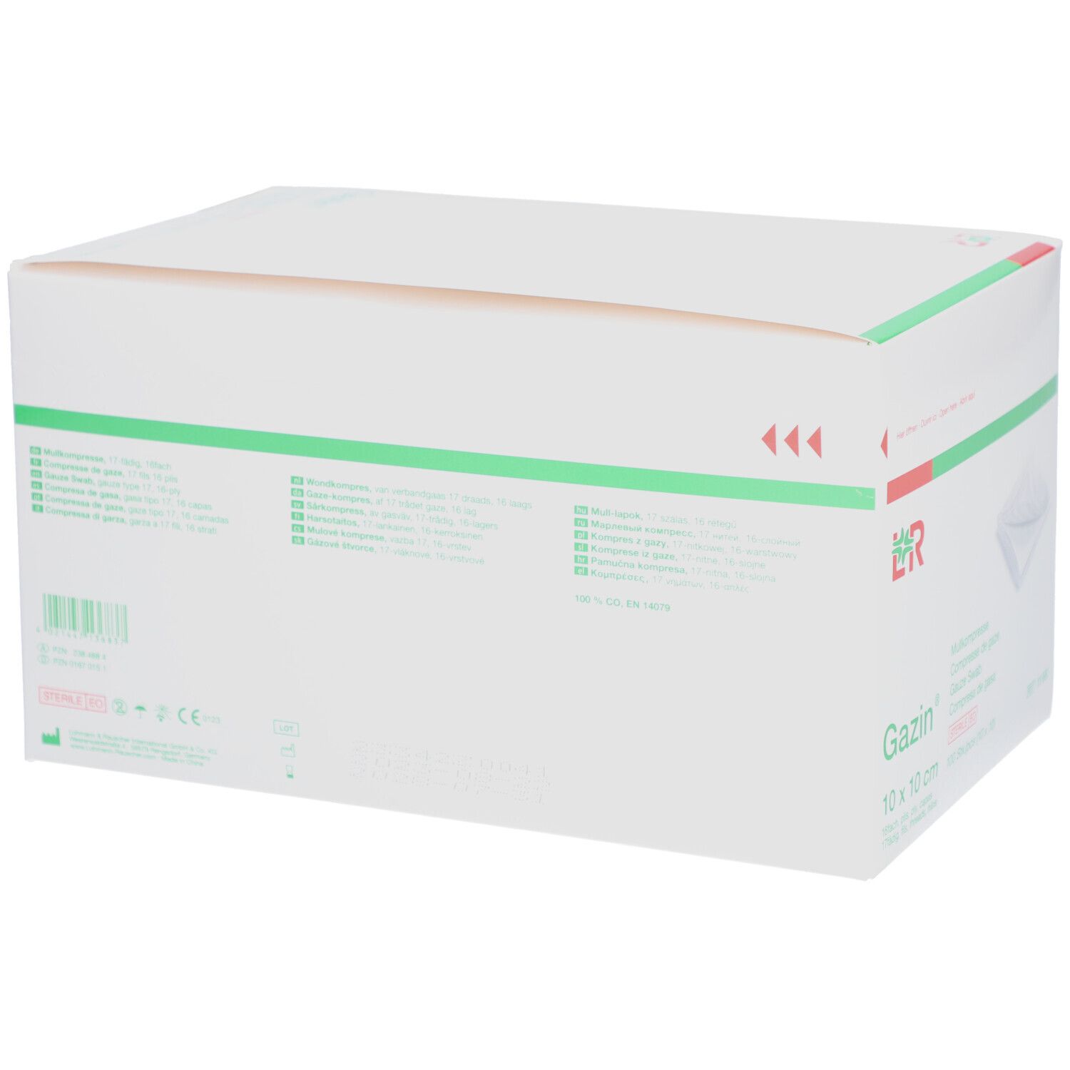 Emballage de compresses de gaze Gazin 10 x 10 cm. Boîte blanche avec détails verts. Informations sur le produit et logo visibles.