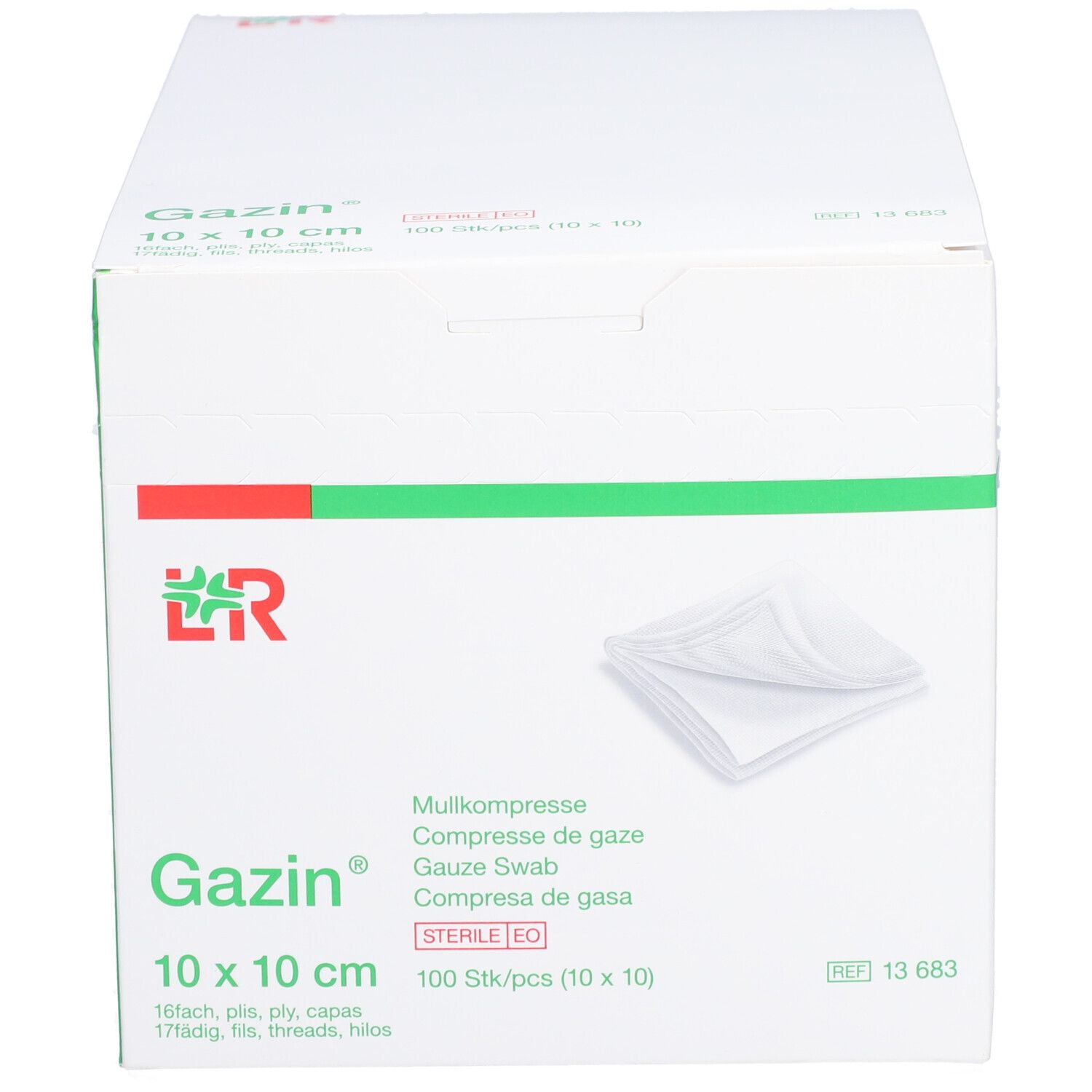 Emballage de compresses de gaze Gazin 10 x 10 cm. Boîte blanche avec détails verts et rouges. Nom, taille et logo visibles.