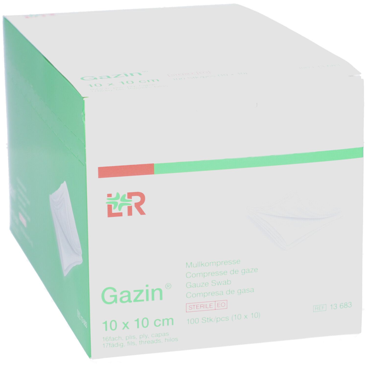 Emballage de compresses de gaze Gazin 10 x 10 cm. Boîte blanche avec détails verts. Nom, taille et logo visibles.