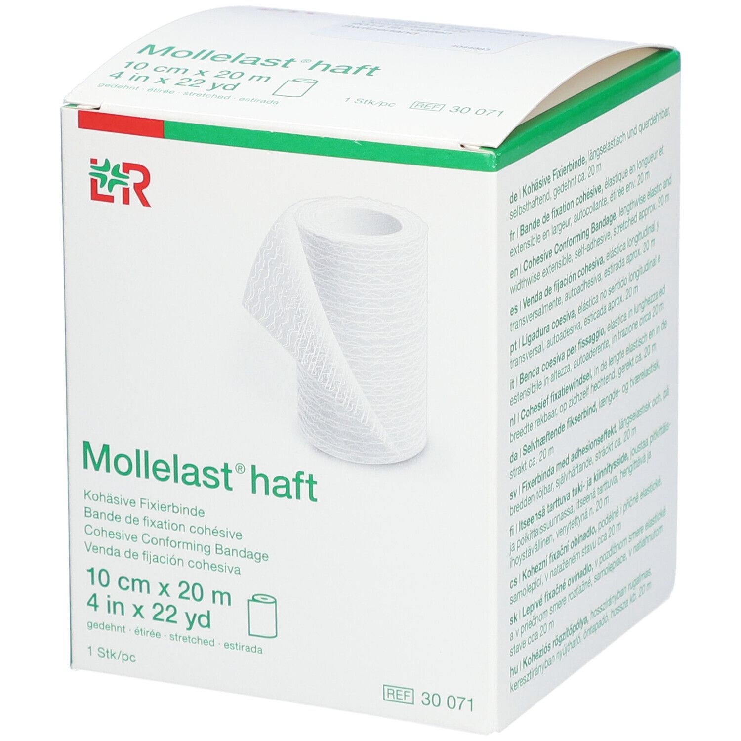 Boîte de Mollelast® haft avec rouleau blanc. Inscriptions : 10 cm x 20 m, 4 in x 22 yd. Logo du fabricant.