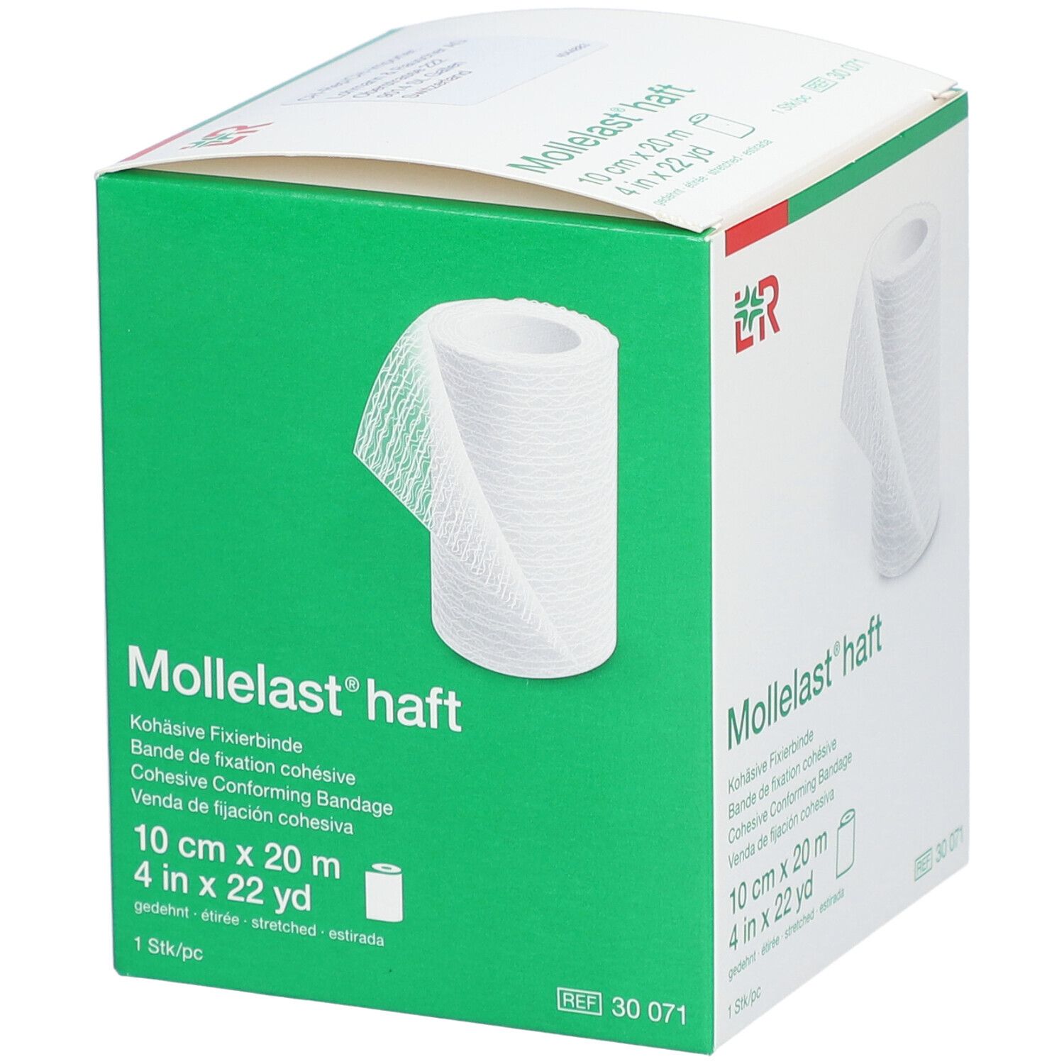 Boîte verte avec rouleau blanc de Mollelast® haft. Inscriptions : 10 cm x 20 m, 4 in x 22 yd. Logo.