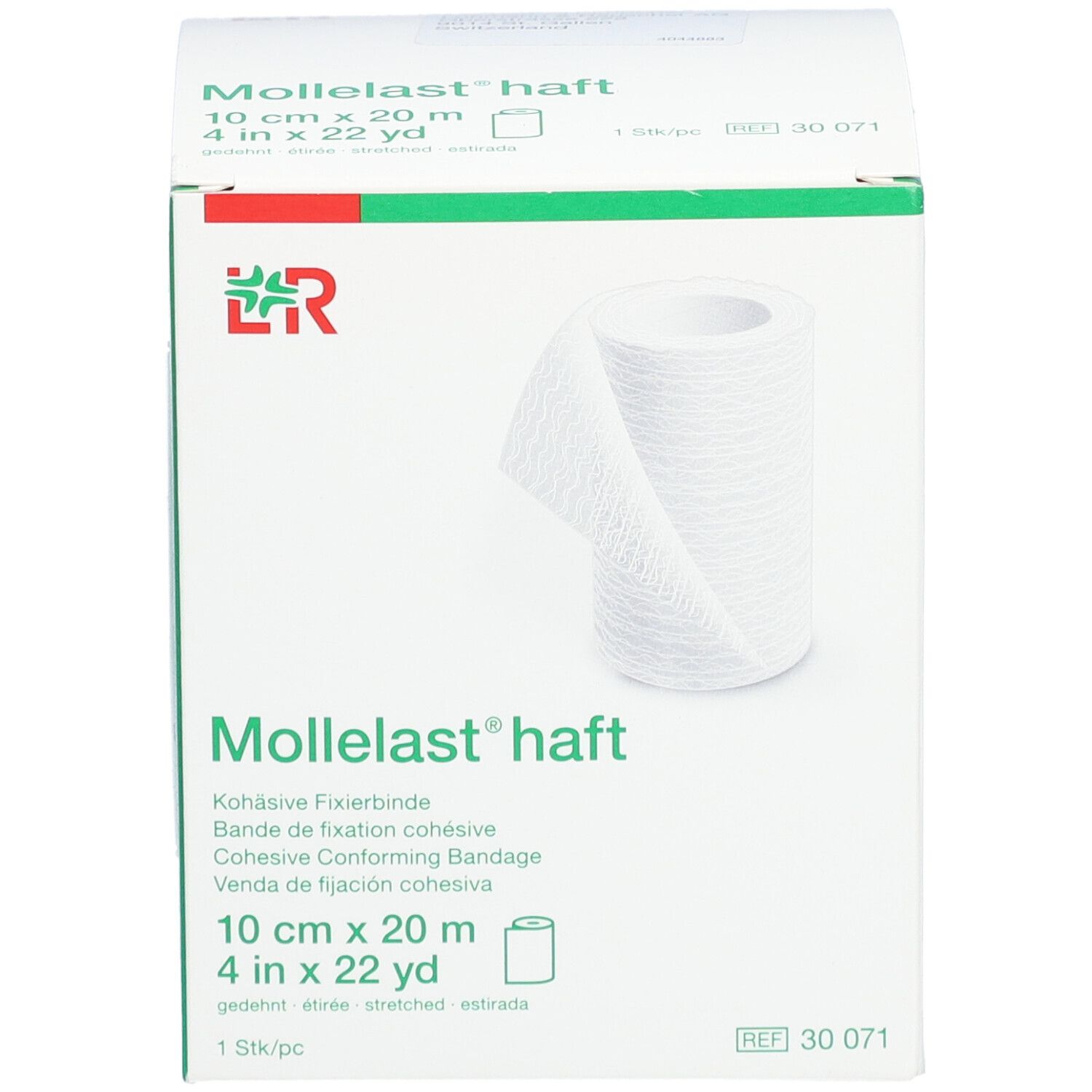 Boîte blanche avec rouleau blanc de Mollelast® haft. Inscriptions : 10 cm x 20 m, 4 in x 22 yd. Logo.