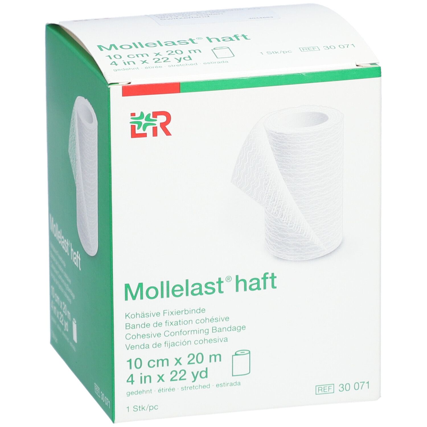 Boîte blanche avec rouleau blanc de Mollelast® haft. Inscriptions : 10 cm x 20 m, 4 in x 22 yd. Logo.