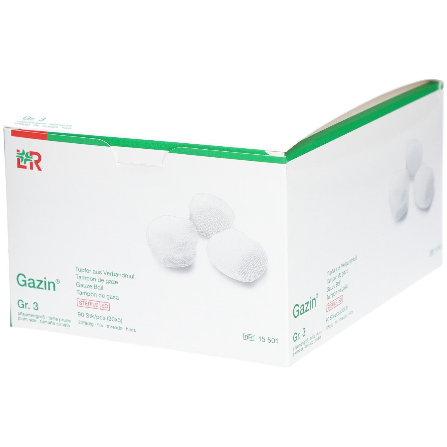 Verpakking Gazin® tampons Gr. 3. Witte tampons, groene accenten. Productnaam en maat duidelijk zichtbaar.