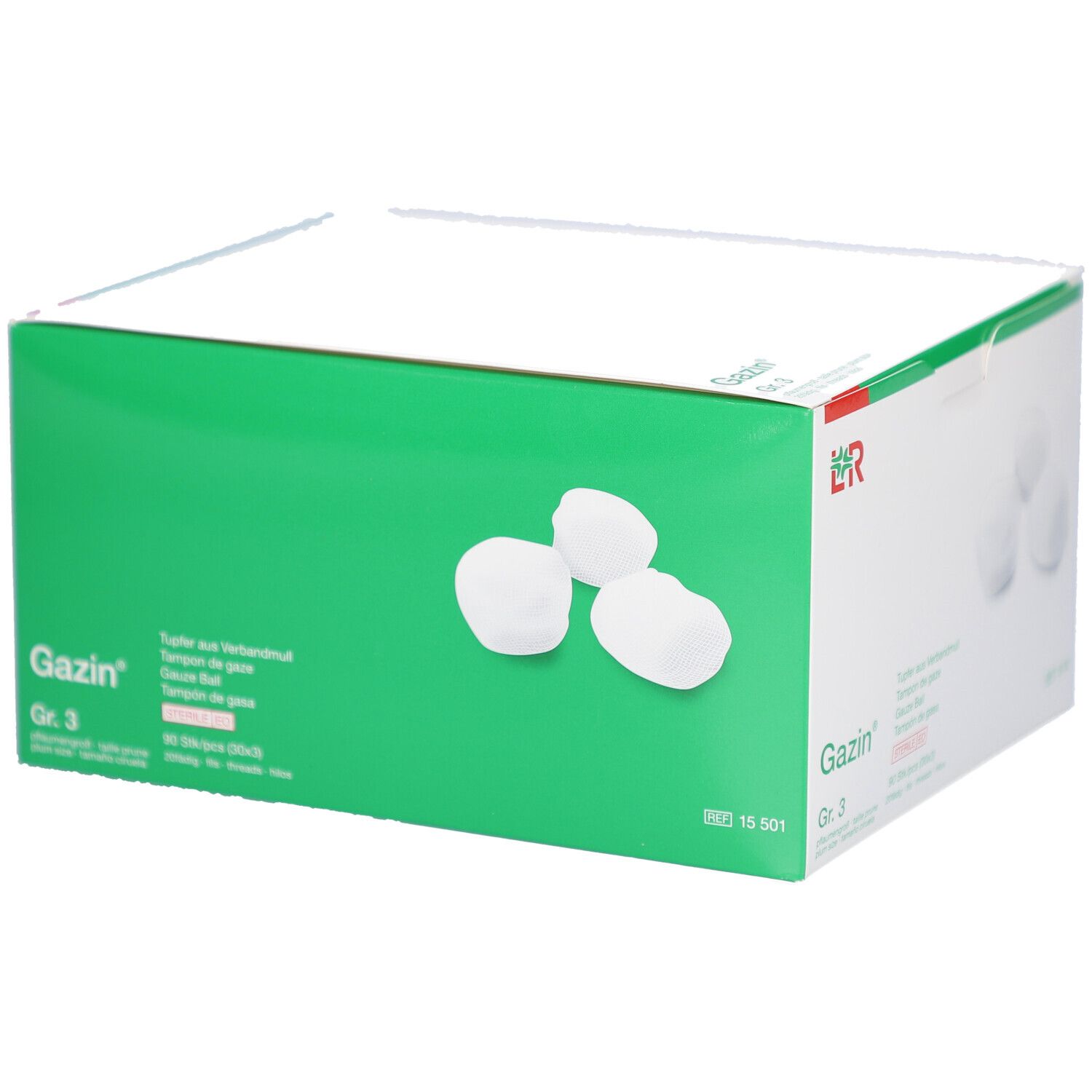 Verpakking Gazin® tampons Gr. 3. Witte tampons, groene verpakking. Productnaam en maat duidelijk zichtbaar.