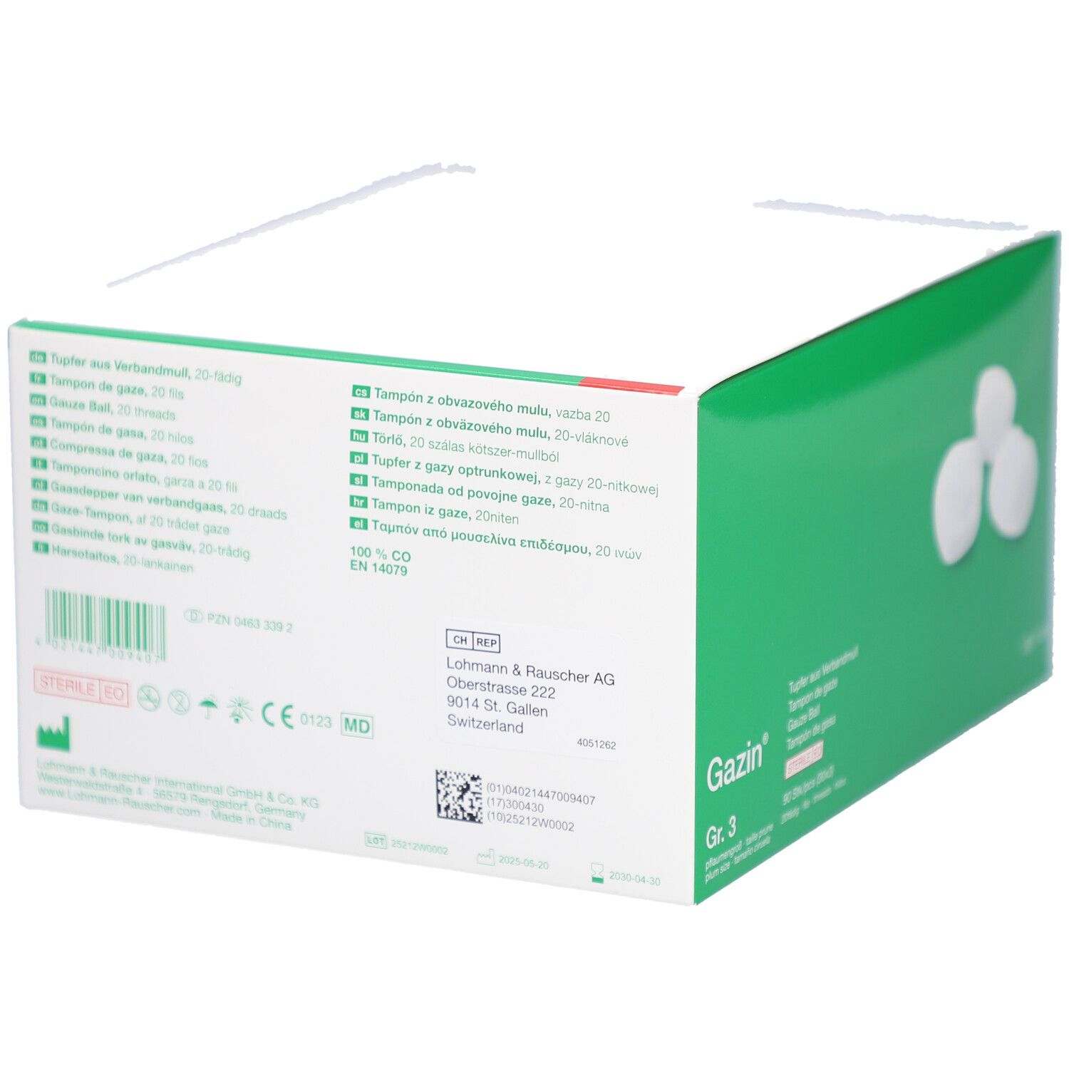 Achterkant verpakking Gazin® tampons Gr. 3. Meertalige info, lotnummer, houdbaarheidsdatum.