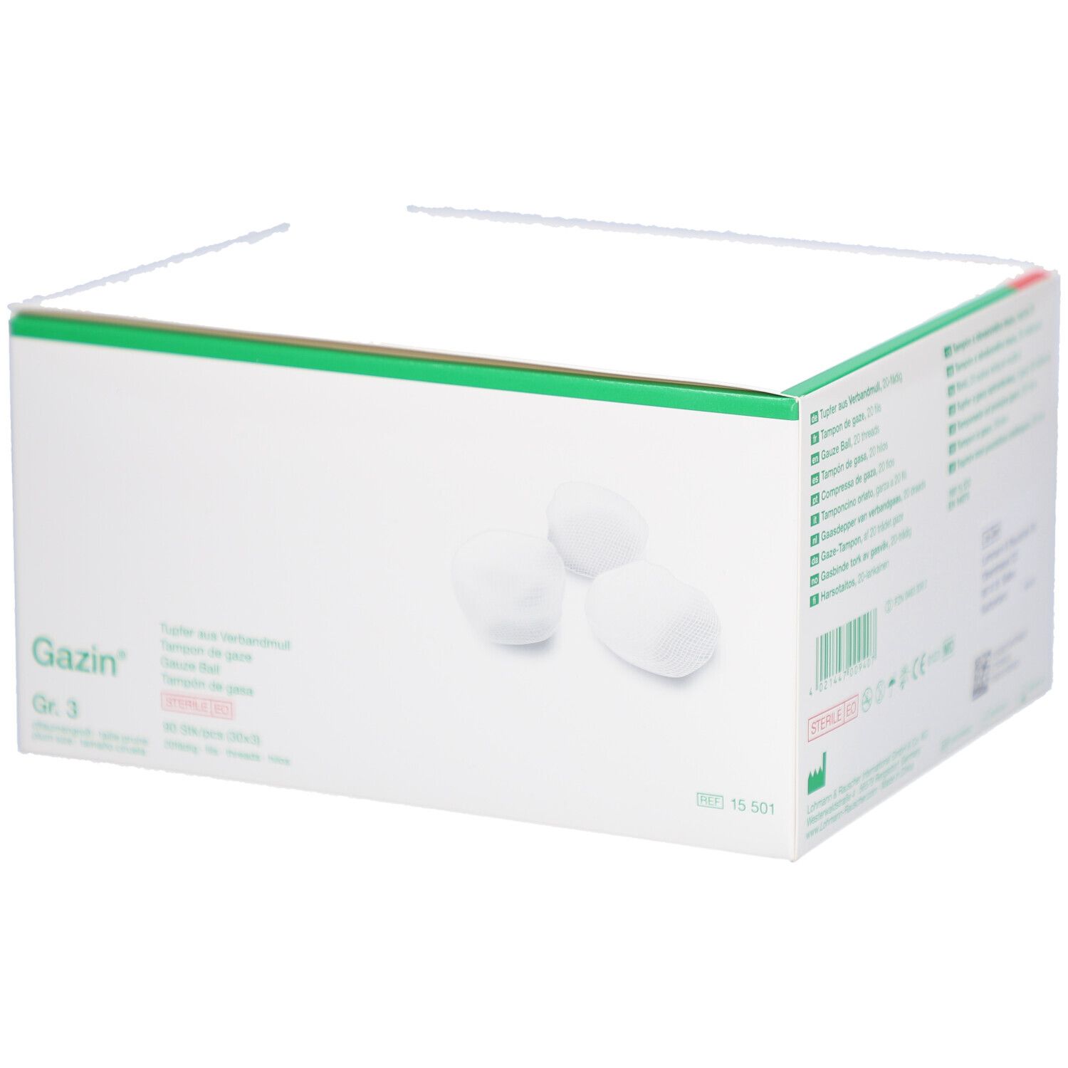 Verpakking Gazin® tampons Gr. 3. Witte tampons, groene verpakking. Productnaam en maat duidelijk zichtbaar.