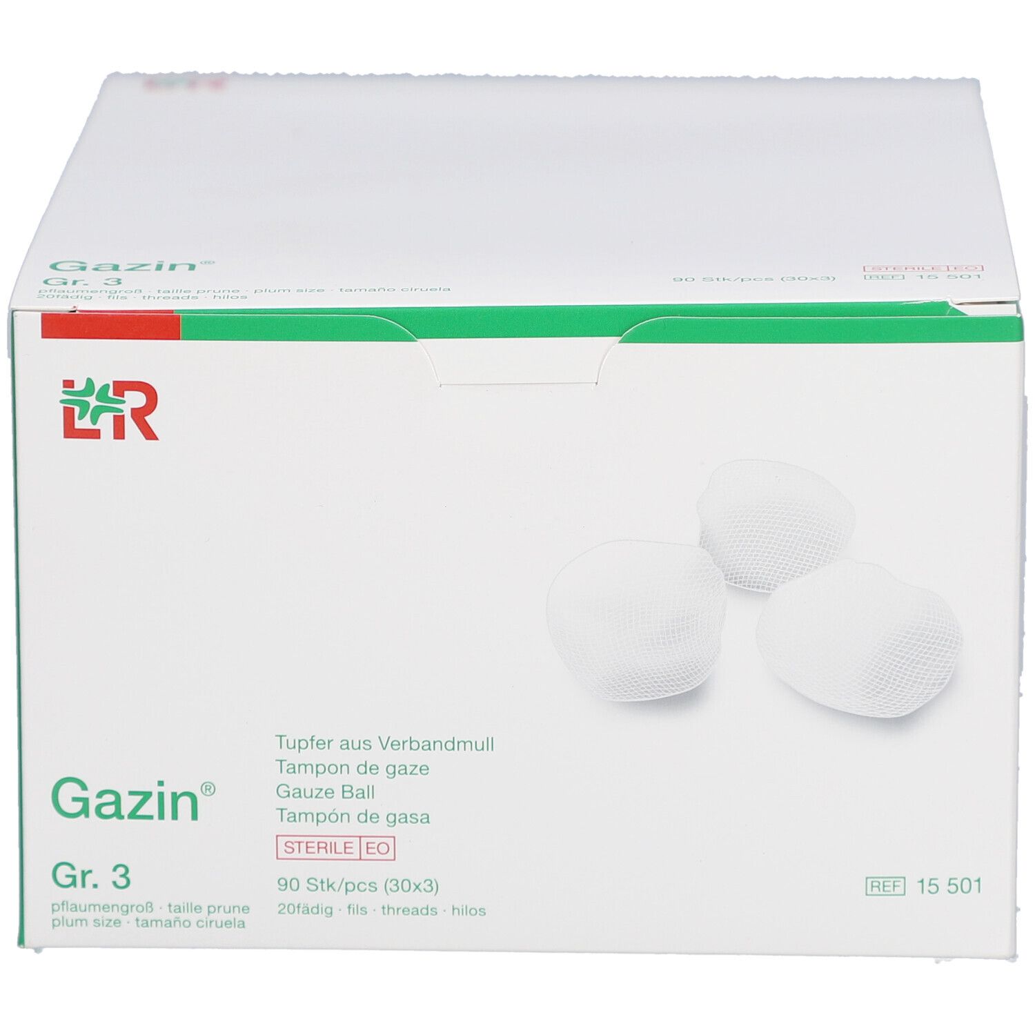 Verpakking Gazin® tampons Gr. 3. Witte tampons, groene verpakking. Productnaam en maat duidelijk zichtbaar.