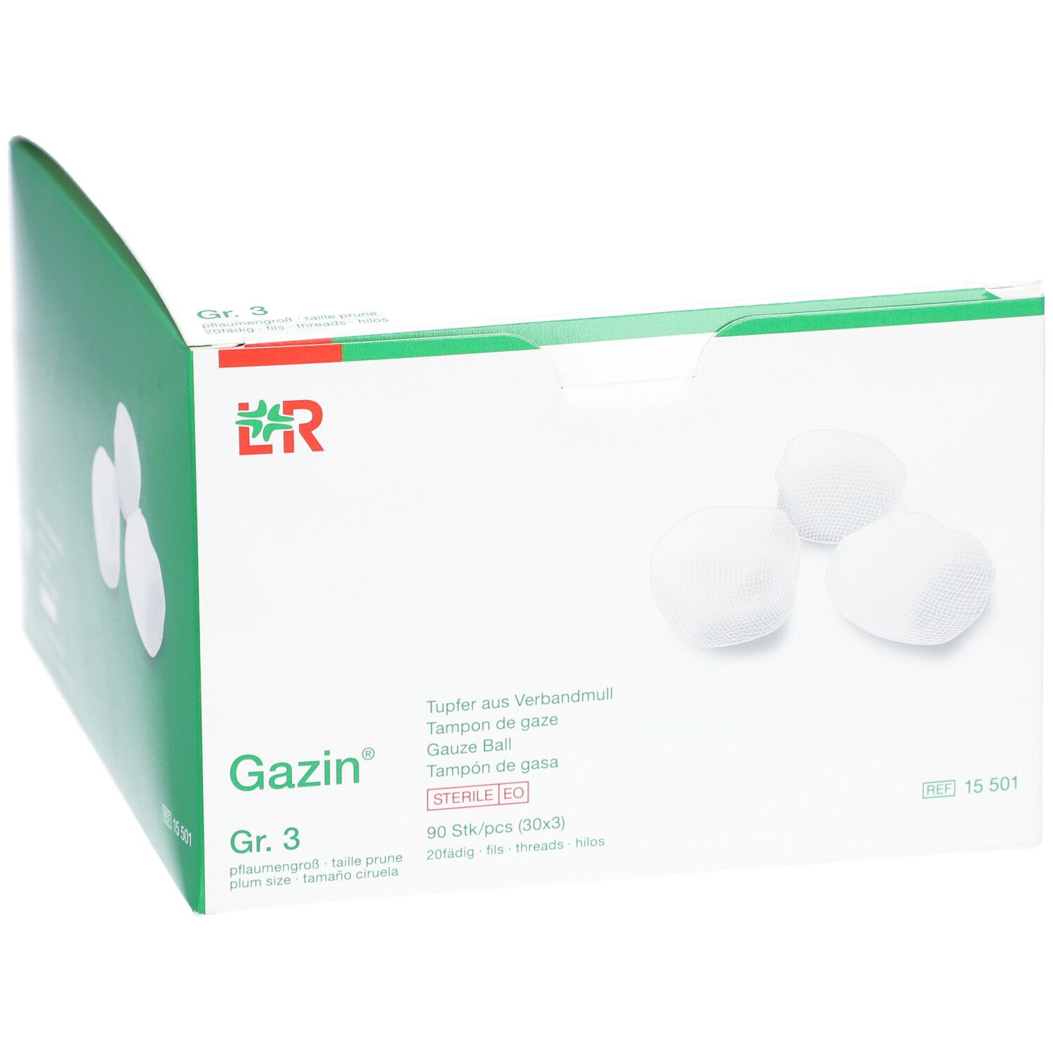 Verpakking Gazin® tampons Gr. 3. Witte tampons, groene verpakking. Productnaam en maat duidelijk zichtbaar.