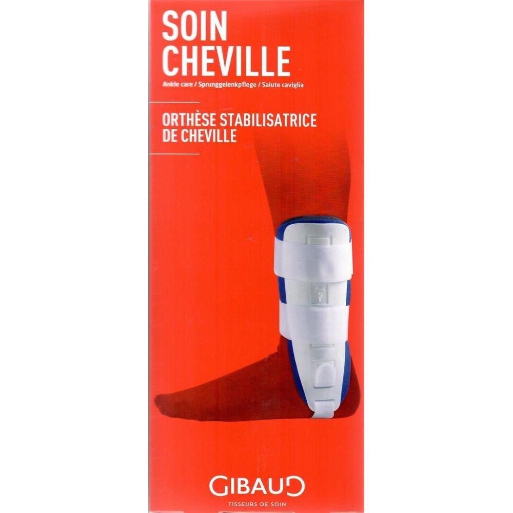 Orthèse de cheville blanche et bleue sur une jambe. Texte: SOIN CHEVILLE, ORTHÈSE STABILISATRICE DE CHEVILLE. Marque: GIBAUD.