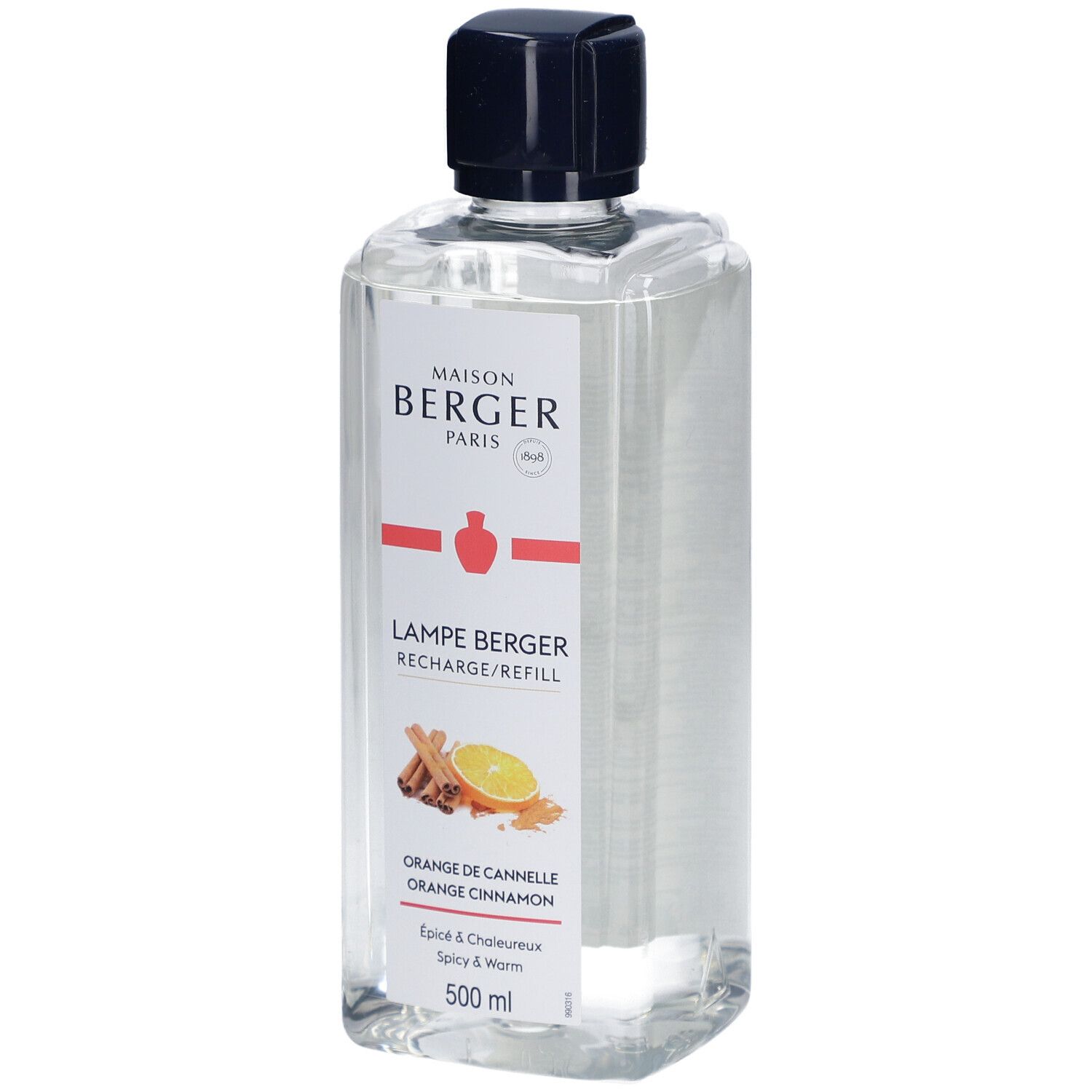 Recharge liquide claire avec bouchon noir. Étiquette avec nom du produit, Orange de Cannelle et illustrations.