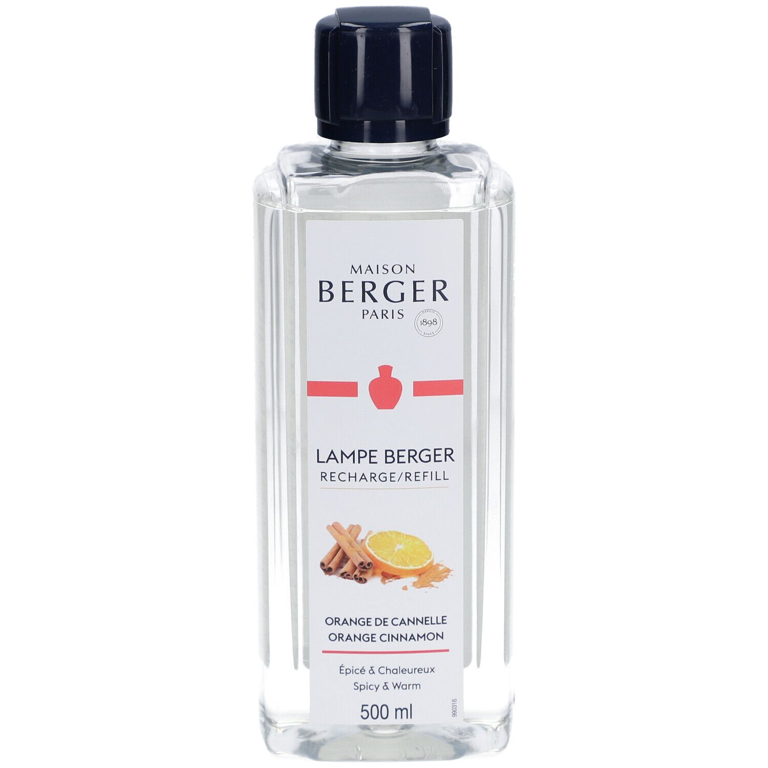 Recharge liquide claire avec bouchon noir. Étiquette avec nom du produit, Orange de Cannelle et illustrations.