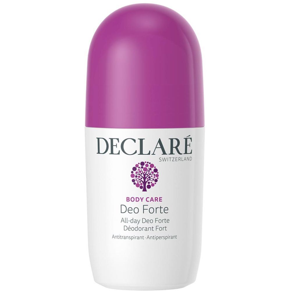 Flacon de déodorant roll-on blanc avec bouchon violet. Inscription : DECLARÉ, Deo Forte, Body Care. Logo arbre.