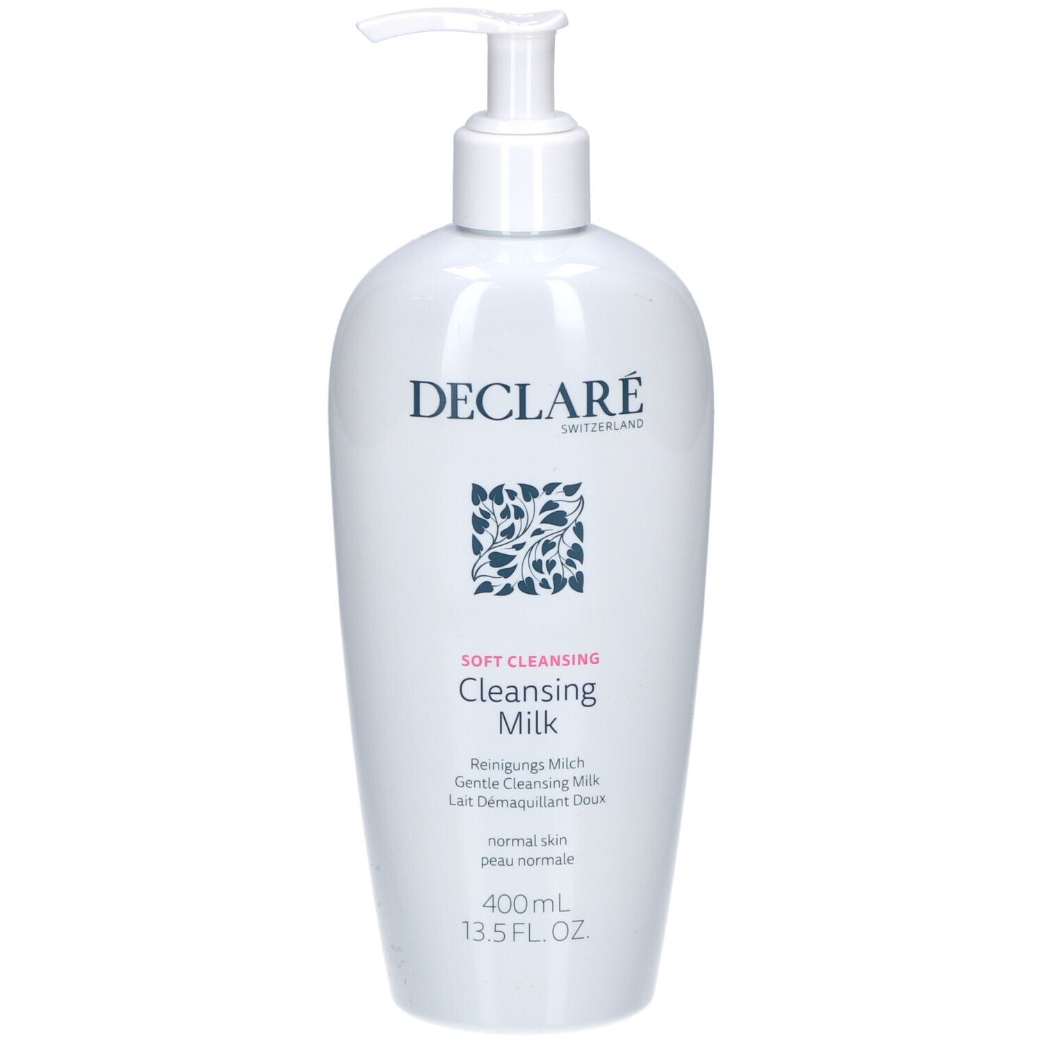 Witte fles met pomp. DECLARÉ Cleansing Milk, 400ml. Voor normale huid.