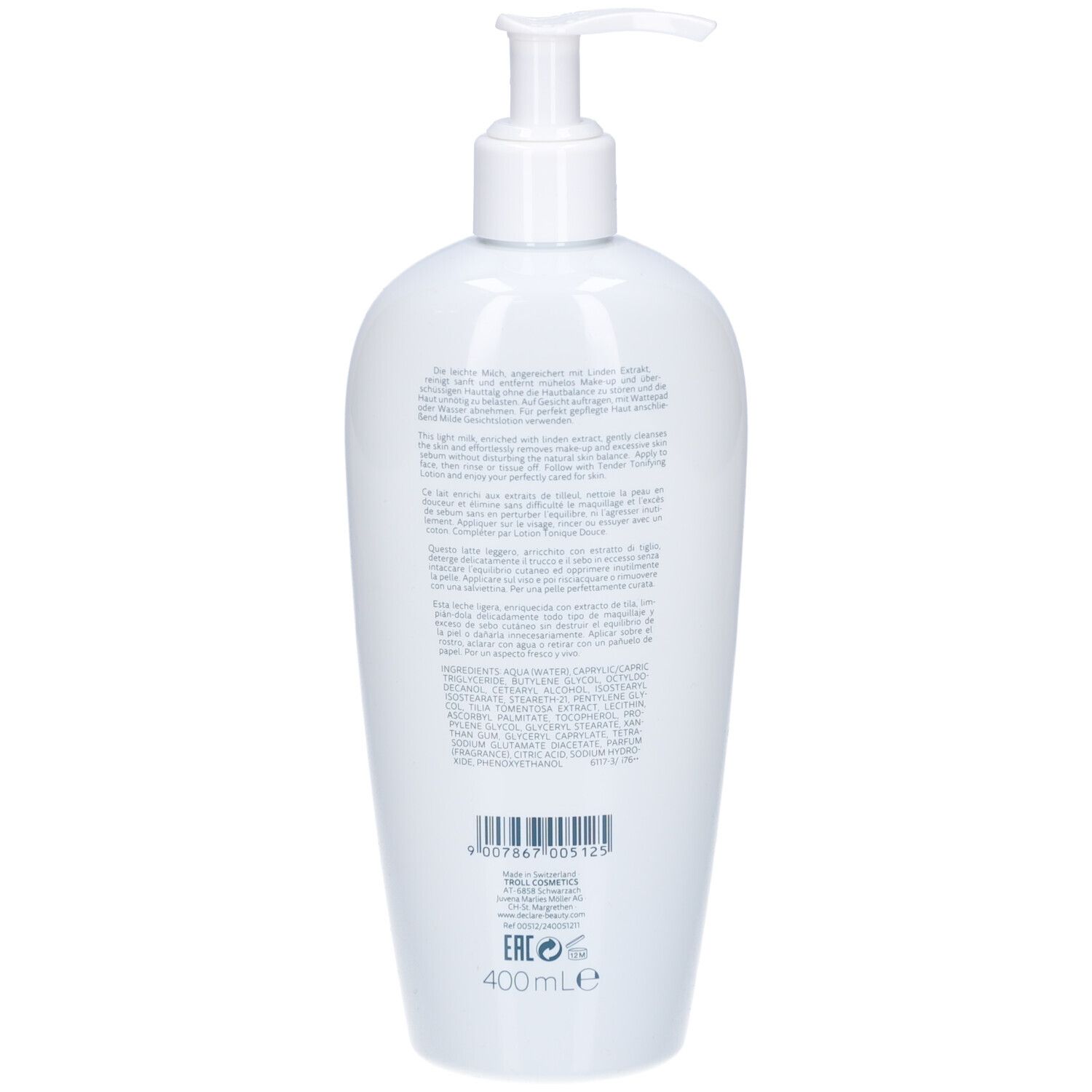 Achterkant van de witte fles met pomp. Tekst met ingrediënten en fabrikantinformatie. 400ml.