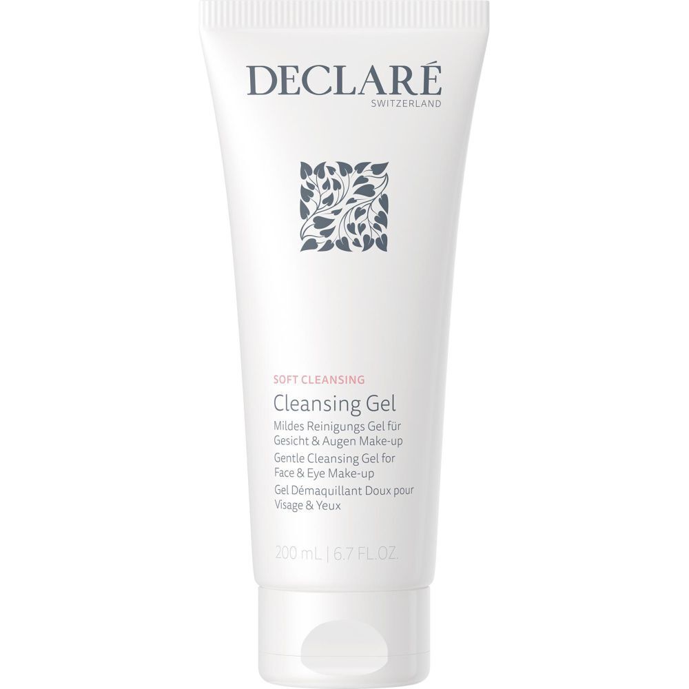 Witte tube met DECLARÉ-logo en bloemmotief. Tekst: Soft Cleansing, Cleansing Gel. 200 ml.