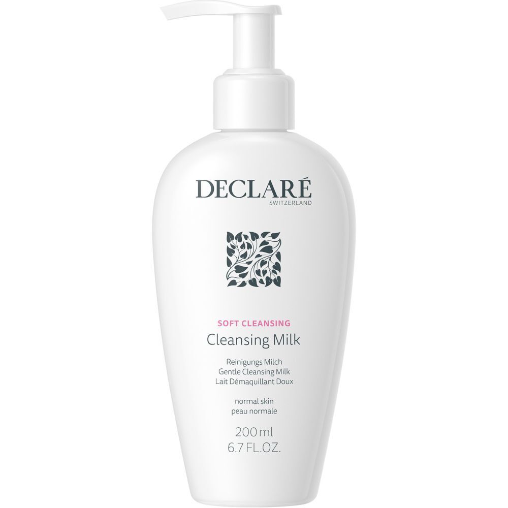 Flacon blanc avec pompe. Inscription : DECLARÉ SWITZERLAND, Soft Cleansing, Cleansing Milk. 200ml.
