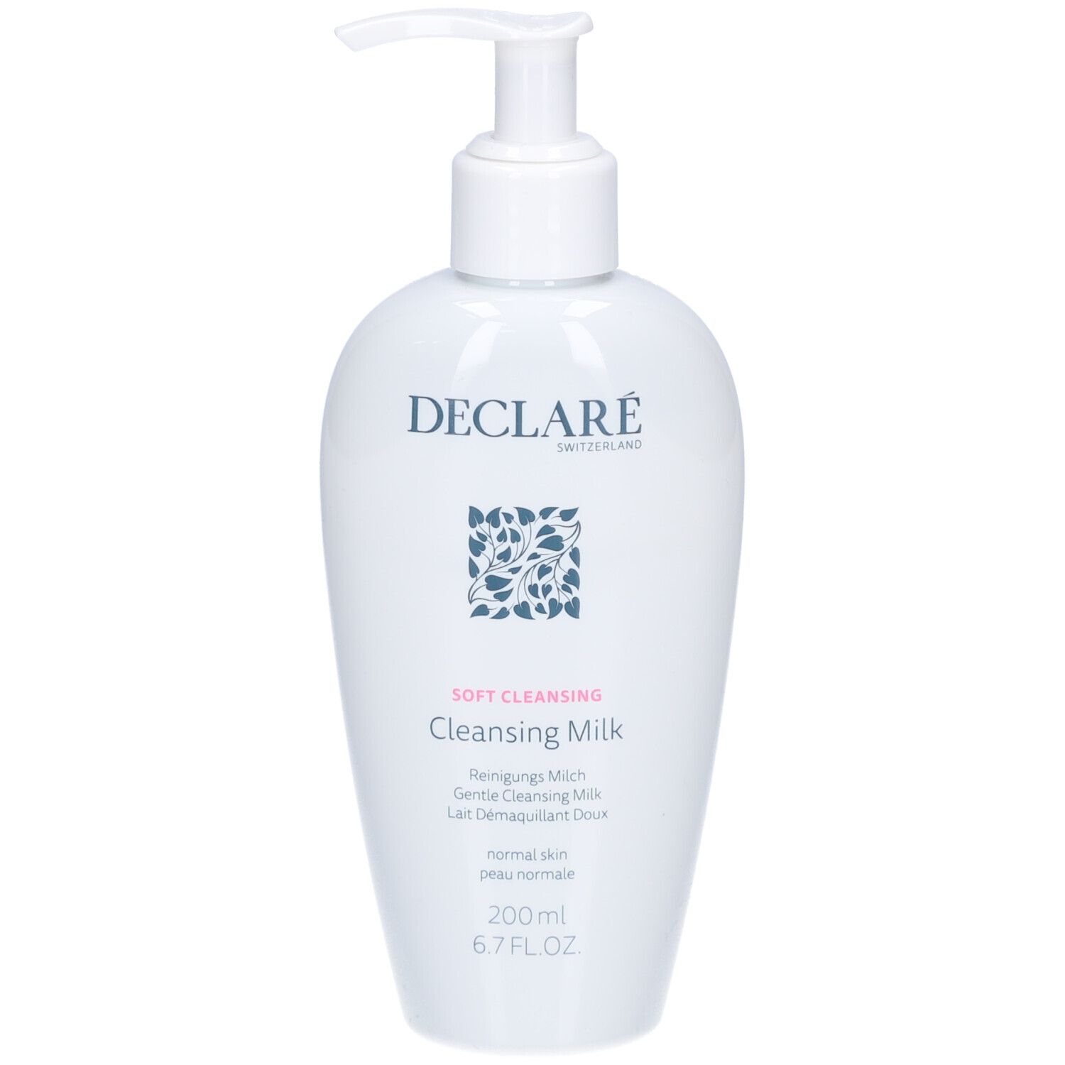 Flacon blanc avec pompe. Inscription : DECLARÉ SWITZERLAND, Soft Cleansing, Cleansing Milk. 200ml.