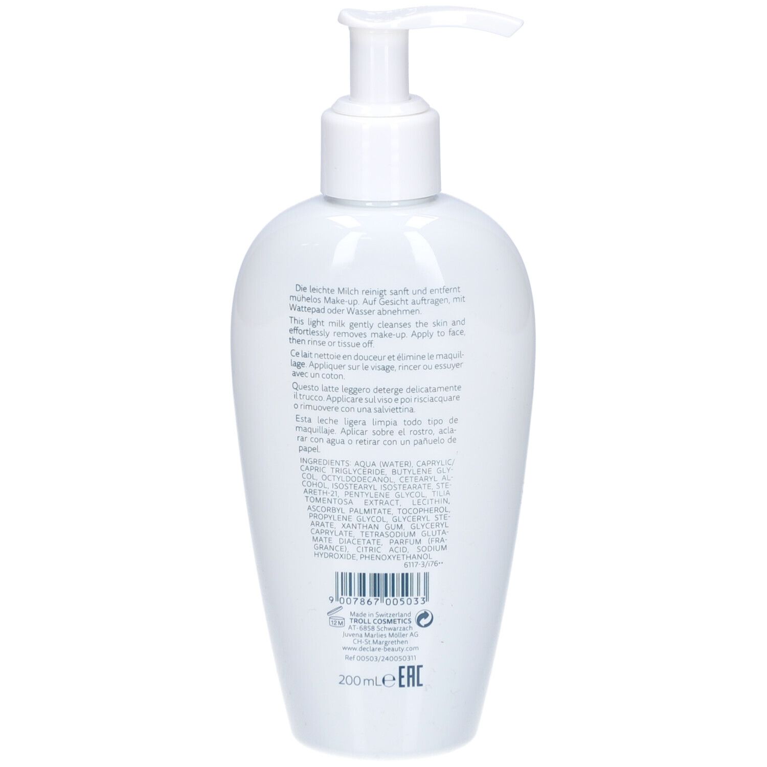 Dos d'un flacon blanc avec pompe. Texte : ingrédients, 200ml, code EAN.