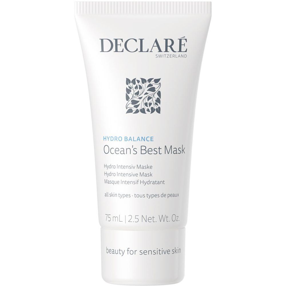 Witte tube met blauwe dop. Opschrift: DECLARÉ, HYDRO BALANCE, Ocean's Best Mask. Tekst in het Duits, Engels, Frans.