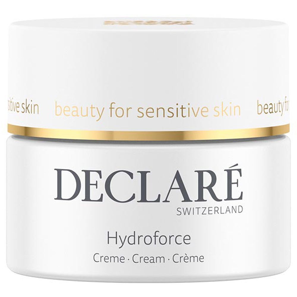 Pot blanc avec couvercle doré. Logo DECLARÉ et nom du produit Hydroforce. Texte : beauty for sensitive skin.