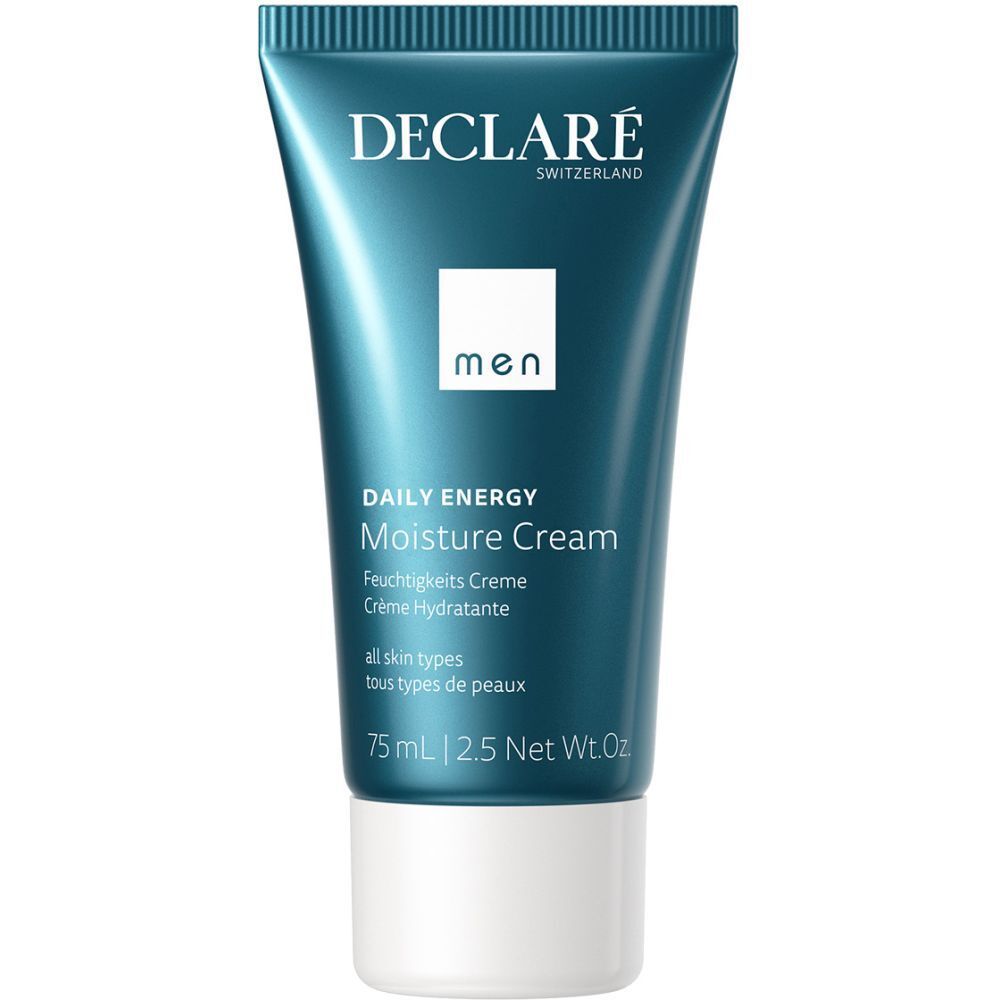 Tube bleu-turquoise avec bouchon blanc. Inscription : DECLARÉ, men, Daily Energy Moisture Cream. 75 ml.