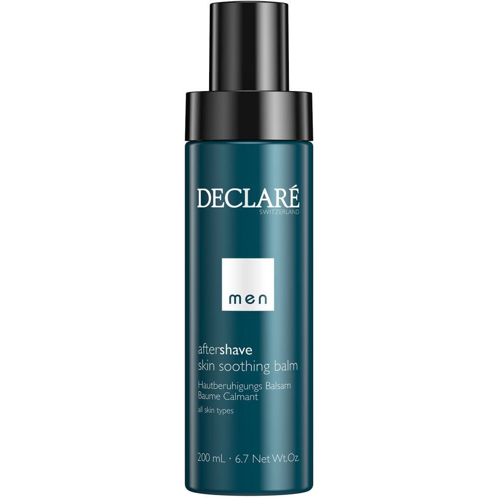Flacon bleu et noir. DECLARÉ Men Baume apaisant après-rasage. Texte : aftershave skin soothing balm. 200 ml.