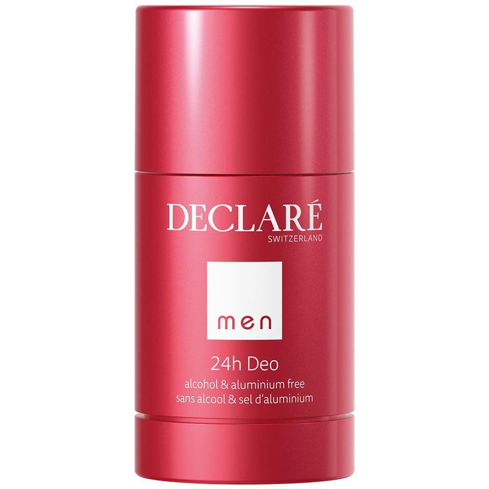 Déodorant rouge en stick. Inscriptions: DECLARÉ SWITZERLAND, men, 24h Deo, sans alcool & sels d'aluminium.