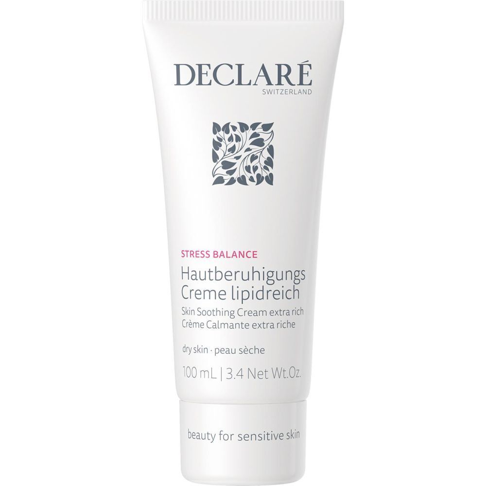 Tube blanc DECLARÉ. Texte: Crème calmante extra riche. 100 ml. Pour peaux sèches et sensibles. Logo floral.