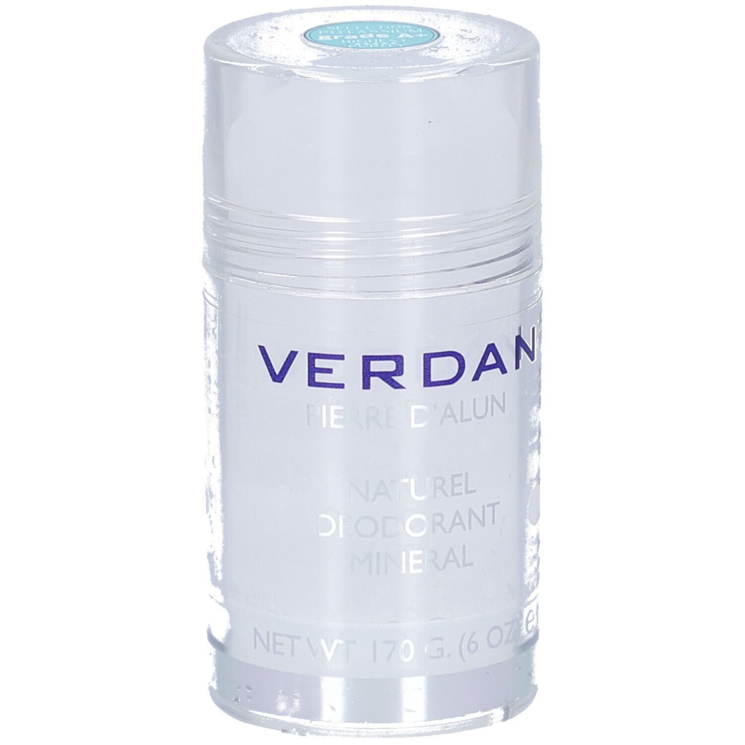 Cilindrische deodorantstick. Opschrift: VERDAN, Pierre d'Alun, Naturel, Déodorant Minéral. Nettogewicht: 170 g (6 OZ).