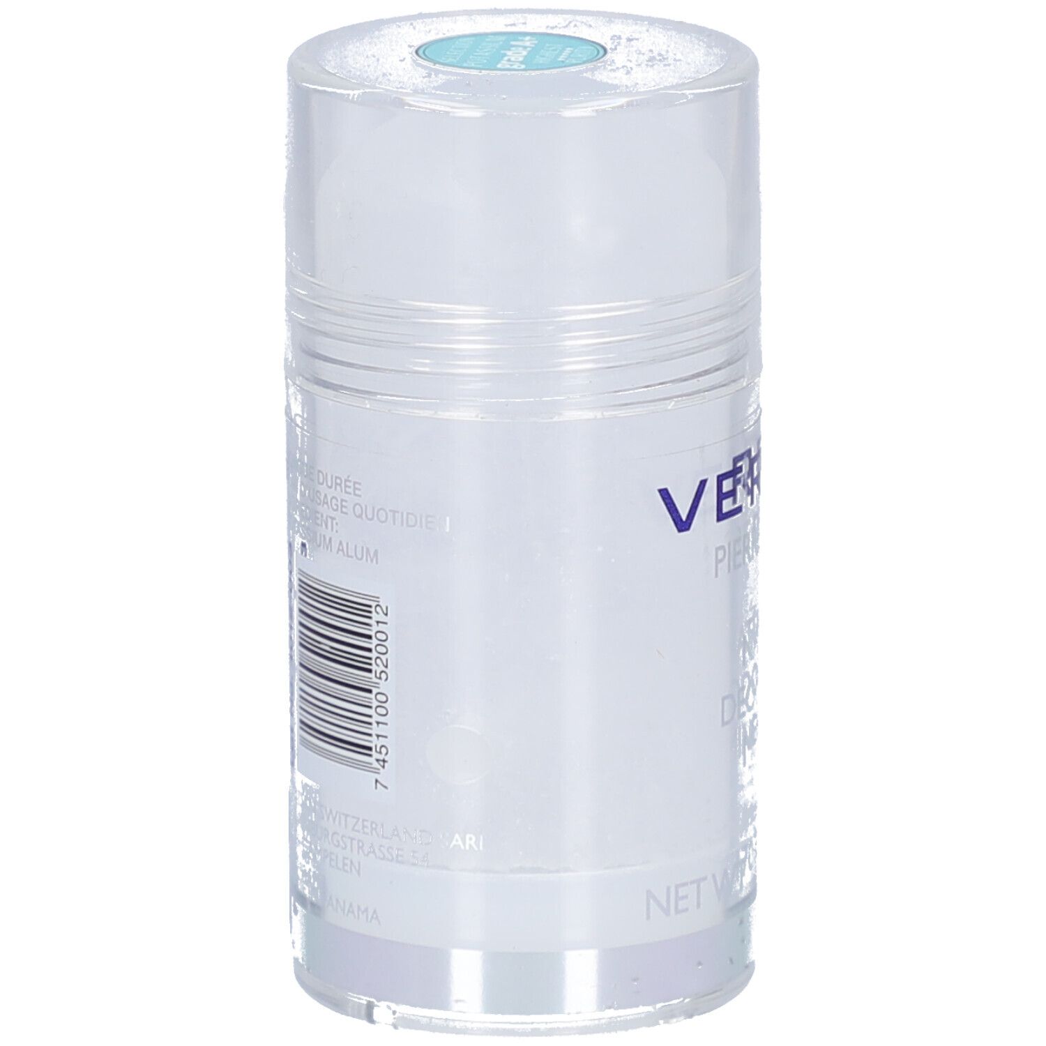 Deodorantstick met etiket. Barcode en tekst. Opschrift: VERDAN, Pierre d'Alun, Naturel, Déodorant Minéral. Nettogewicht: 170 g (6 OZ).