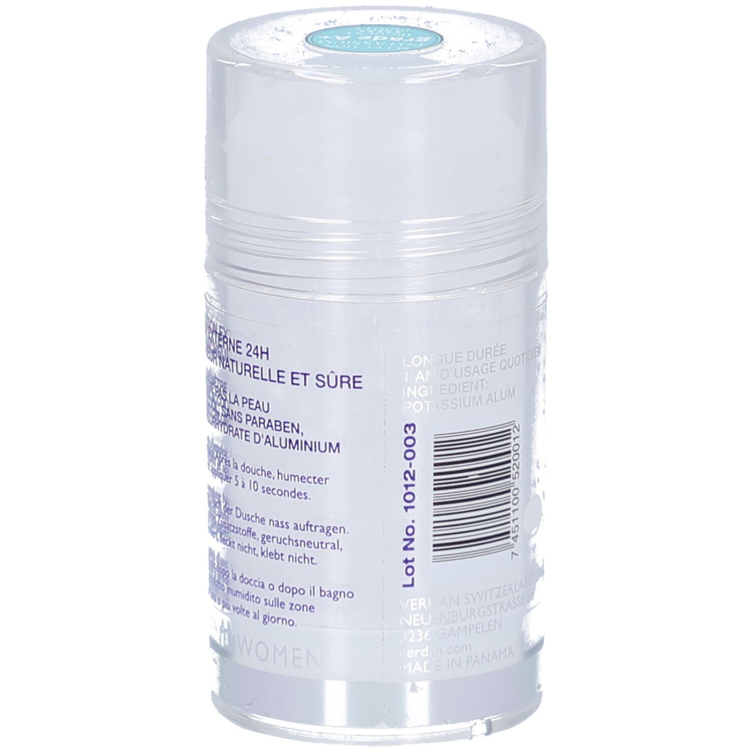 Deodorantstick met tekst. Opschrift: Naturelle et sûre, 24H, sans paraben, sans aluminium. Lot Nr. 1012-003. Voor vrouwen.