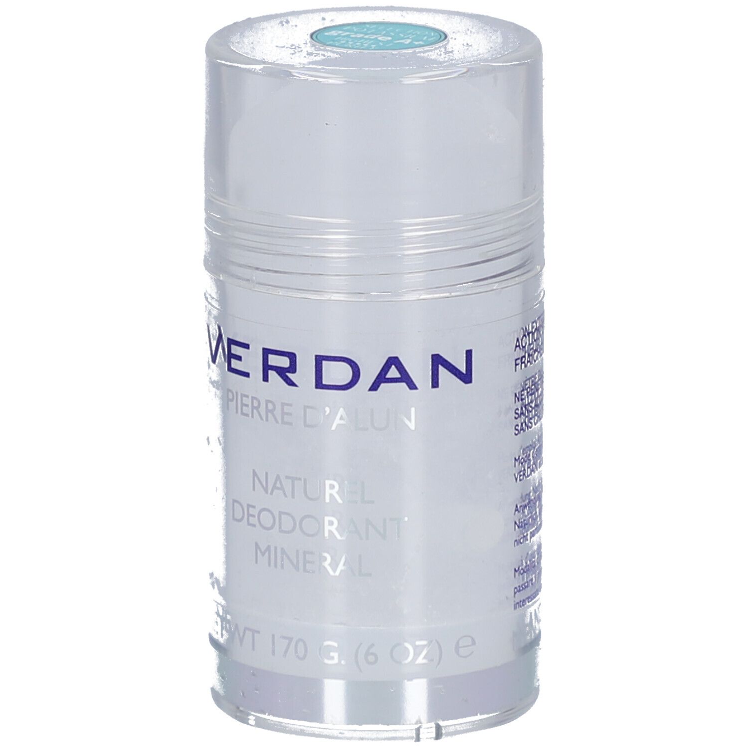 Cilindrische deodorantstick. Opschrift: VERDAN, Pierre d'Alun, Naturel, Déodorant Minéral. Nettogewicht: 170 g (6 OZ).