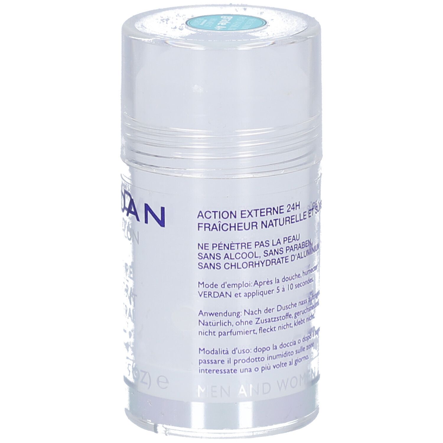 Deodorantstick met tekst. Opschrift: Action externe 24H, ne pénètre pas la peau, sans alcool, sans paraben. Voor mannen en vrouwen.