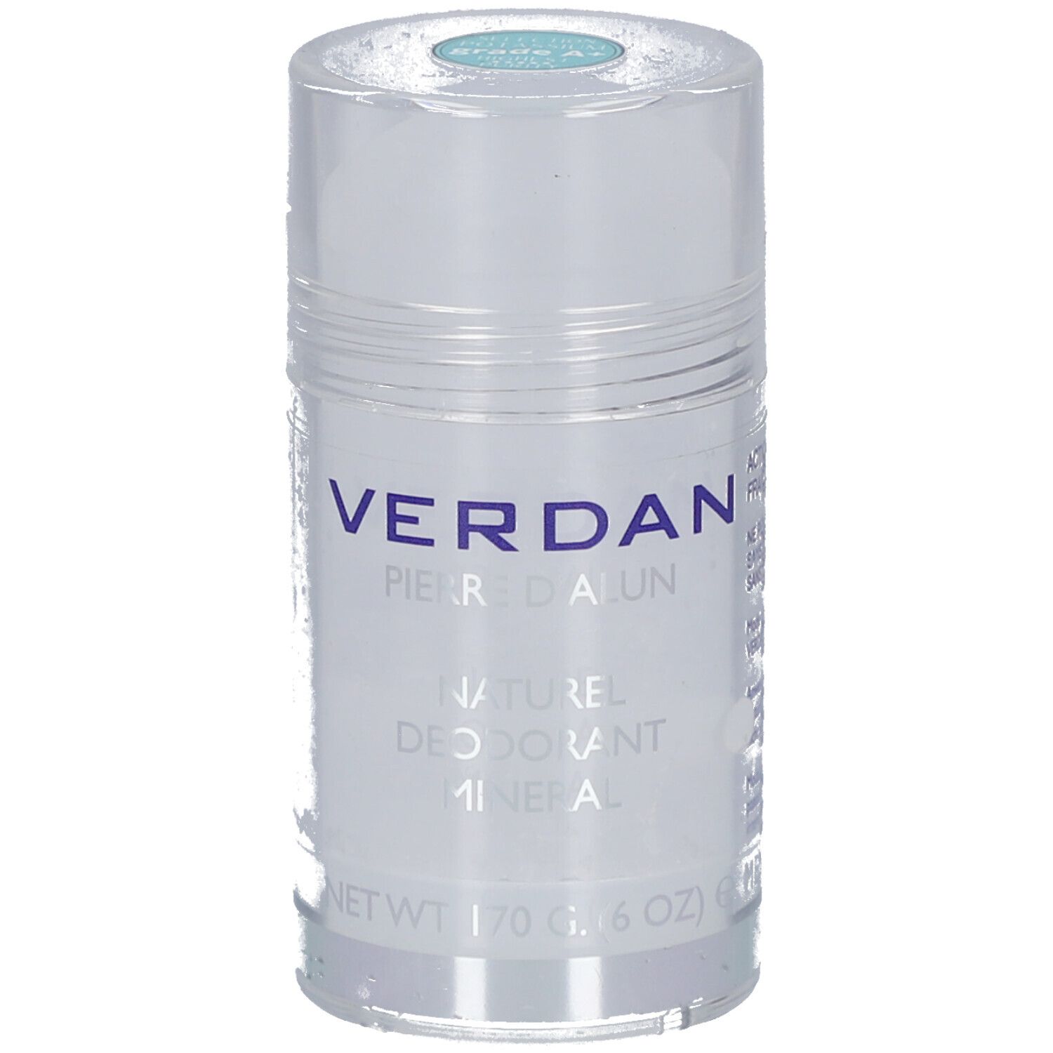 Cilindrische deodorantstick. Opschrift: VERDAN, Pierre d'Alun, Naturel, Déodorant Minéral. Nettogewicht: 170 g (6 OZ).