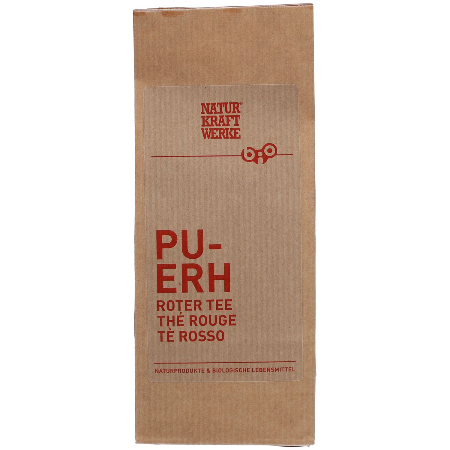 Sachet en papier brun avec texte rouge. Inscription: PU-ERH, Roter Tee, Thé Rouge, Té Rosso. Logo NATURKRAFTWERKE.