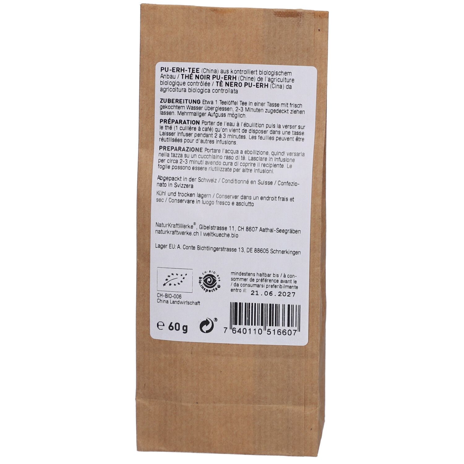 Dos du sachet en papier. Texte: PU-ERH-Tee, Préparation, label bio, numéro de lot, date de péremption. Poids: 60g.