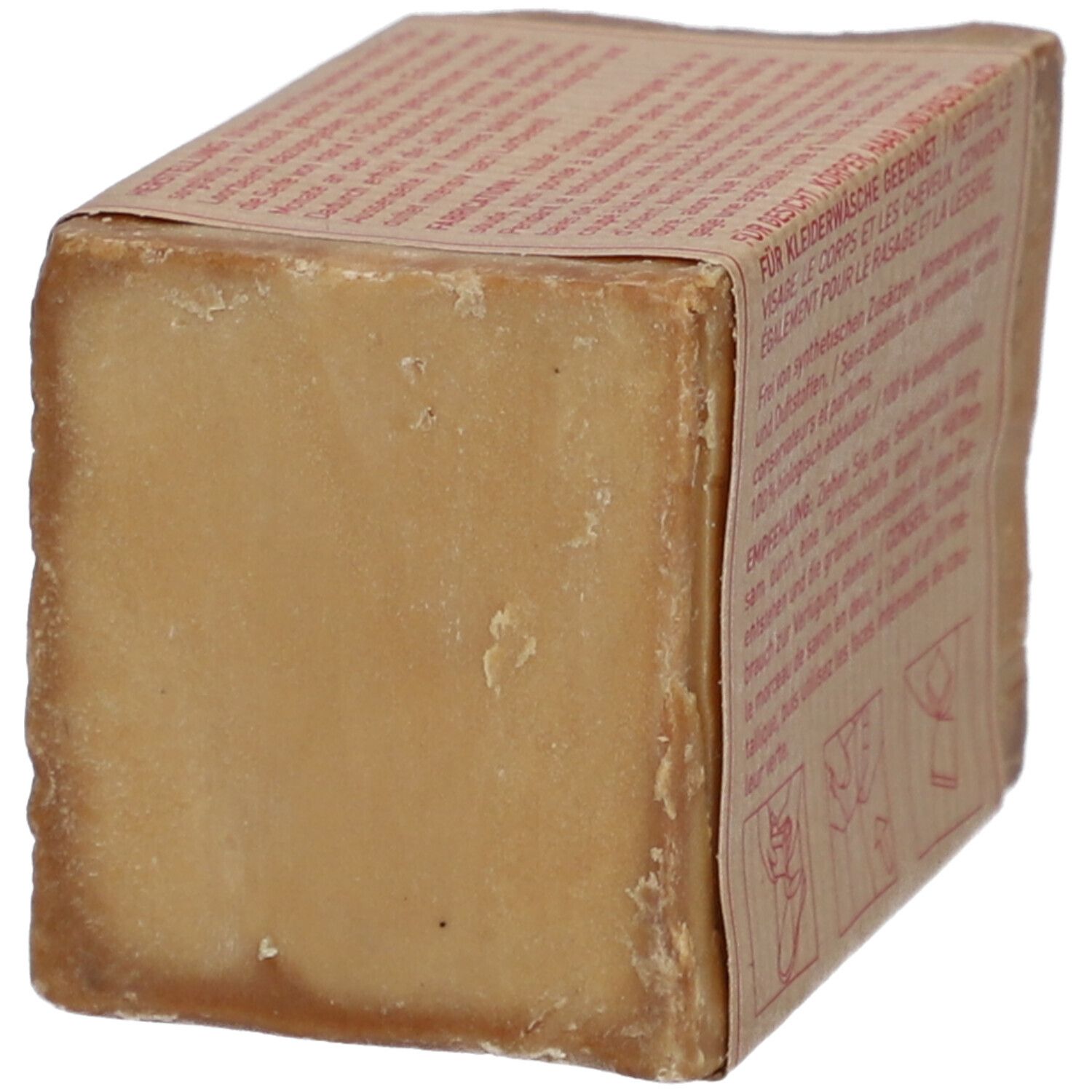 Savon rectangulaire avec emballage en papier. Texte : Convient au lavage des vêtements. 100% biodégradable. Instructions de partage.