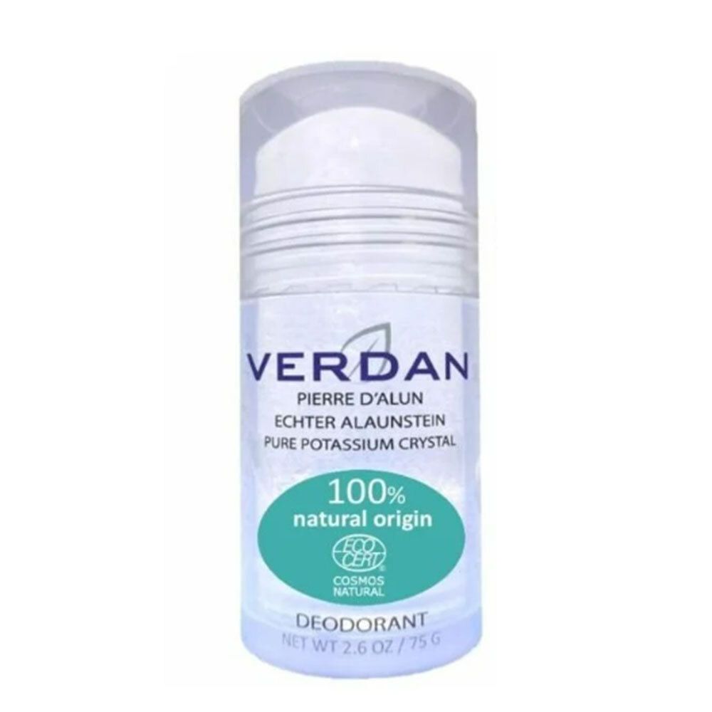 Transparante deodorant roller. Opschriften: VERDAN, Pierre d'Alun, 100% natural origin, COSMOS NATURAL. Met certificeringslogo.