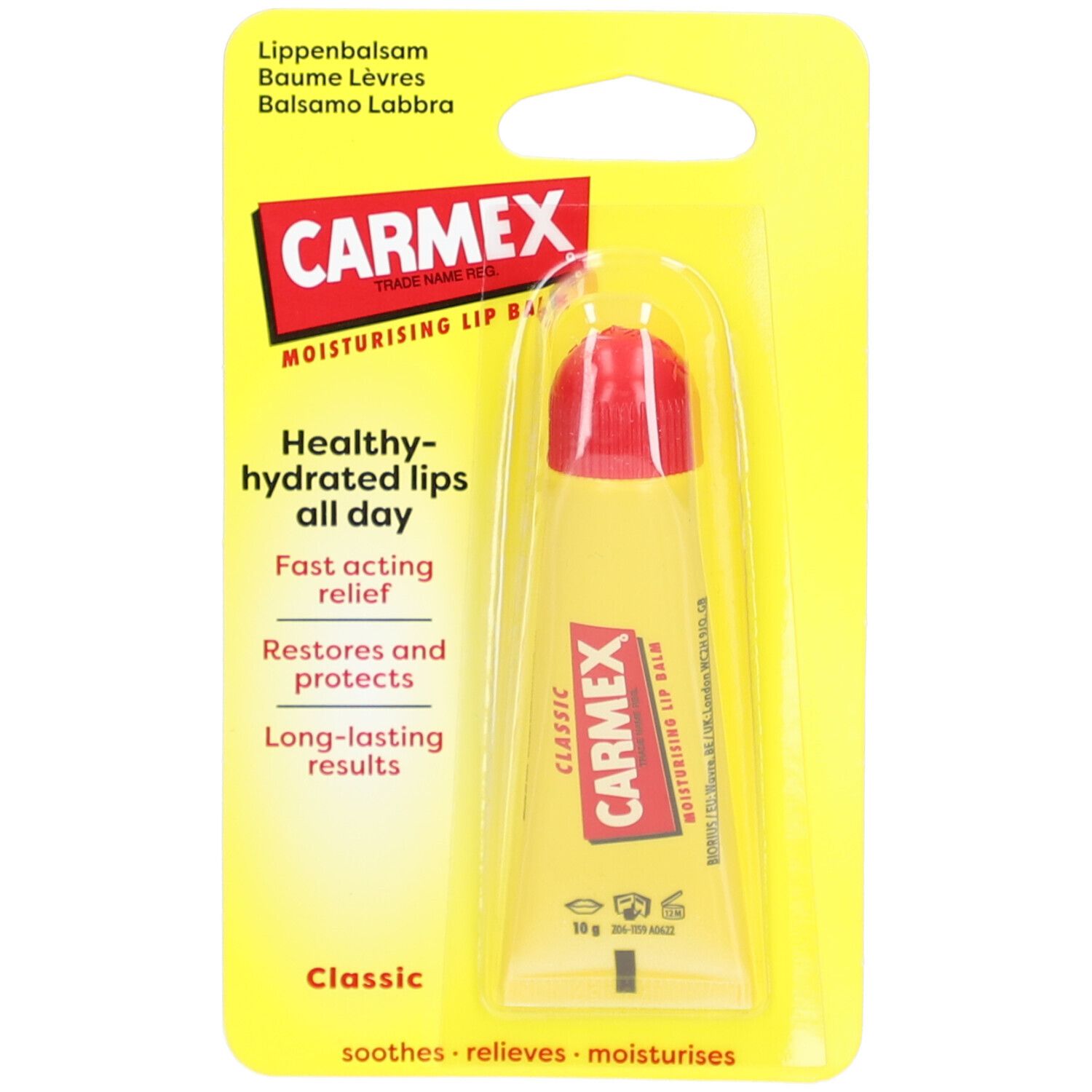 Baume à lèvres CARMEX Classic en emballage jaune. Tube avec bouchon rouge. Inscription: CARMEX, Healthy-hydrated lips all day.